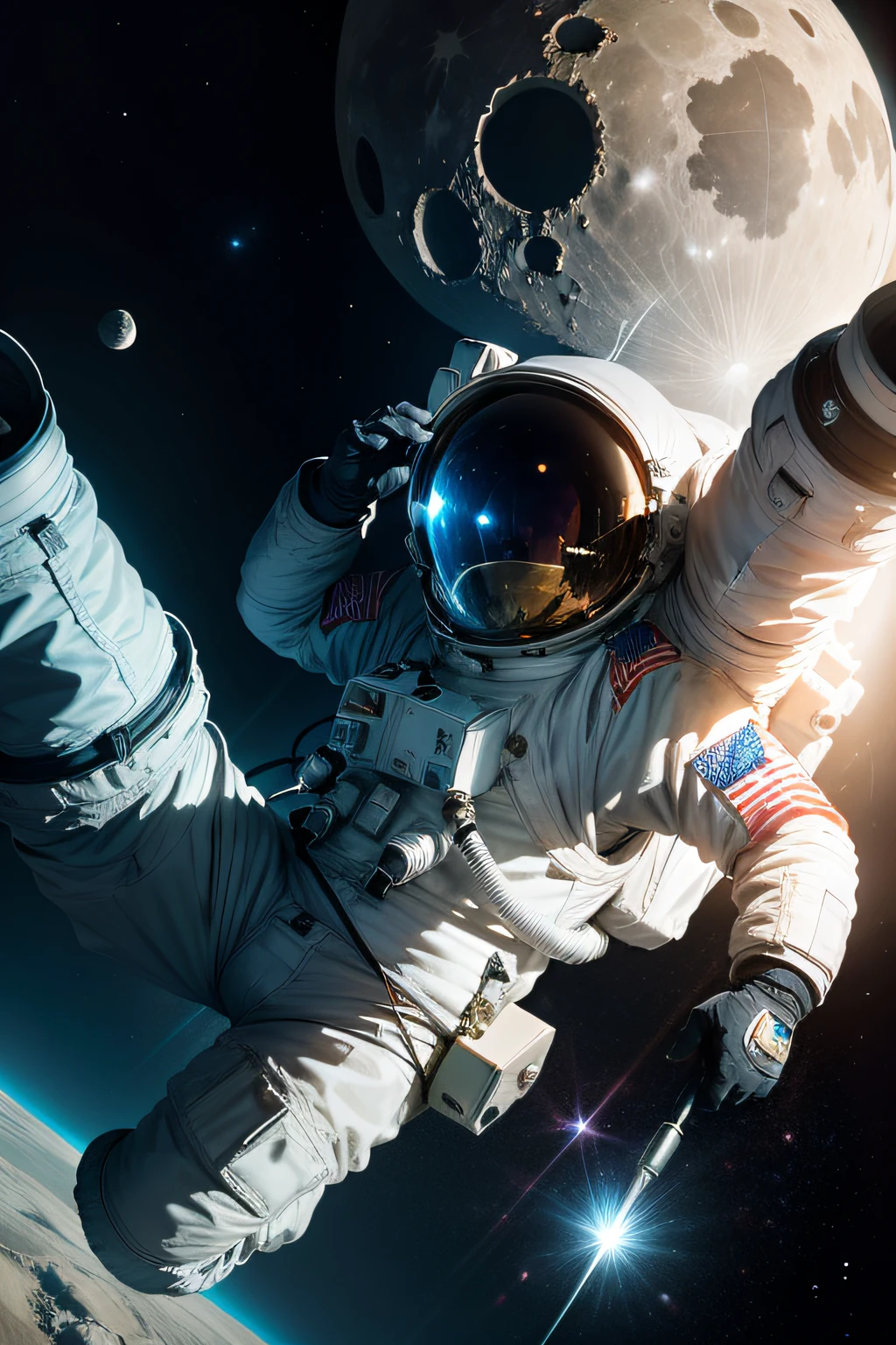 An astronaut in a spacesuit holding balloons in cosmic space