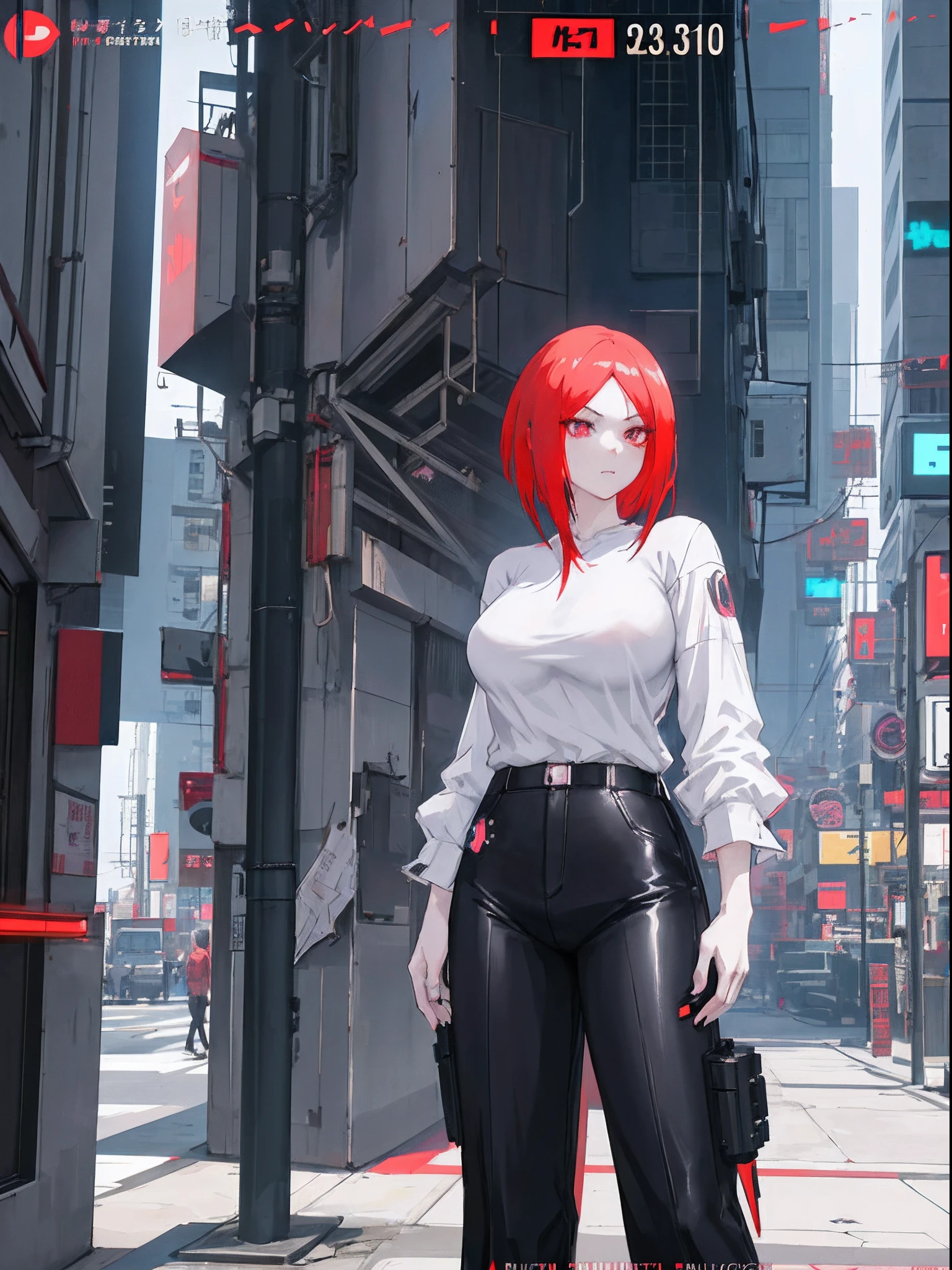 anime girl in black pants and a white shirt, female cyberpunk anime girl, trending on cgstation, cyberpunk anime girl, artwork in the style of guweiz, redhead female cyberpunk, digital cyberpunk anime art, dreamy cyberpunk girl, hyper-realistic cyberpunk style, in cyberpunk city, cyberpunk 2 0 y. o model girl, [ 4 k digital art ]!!