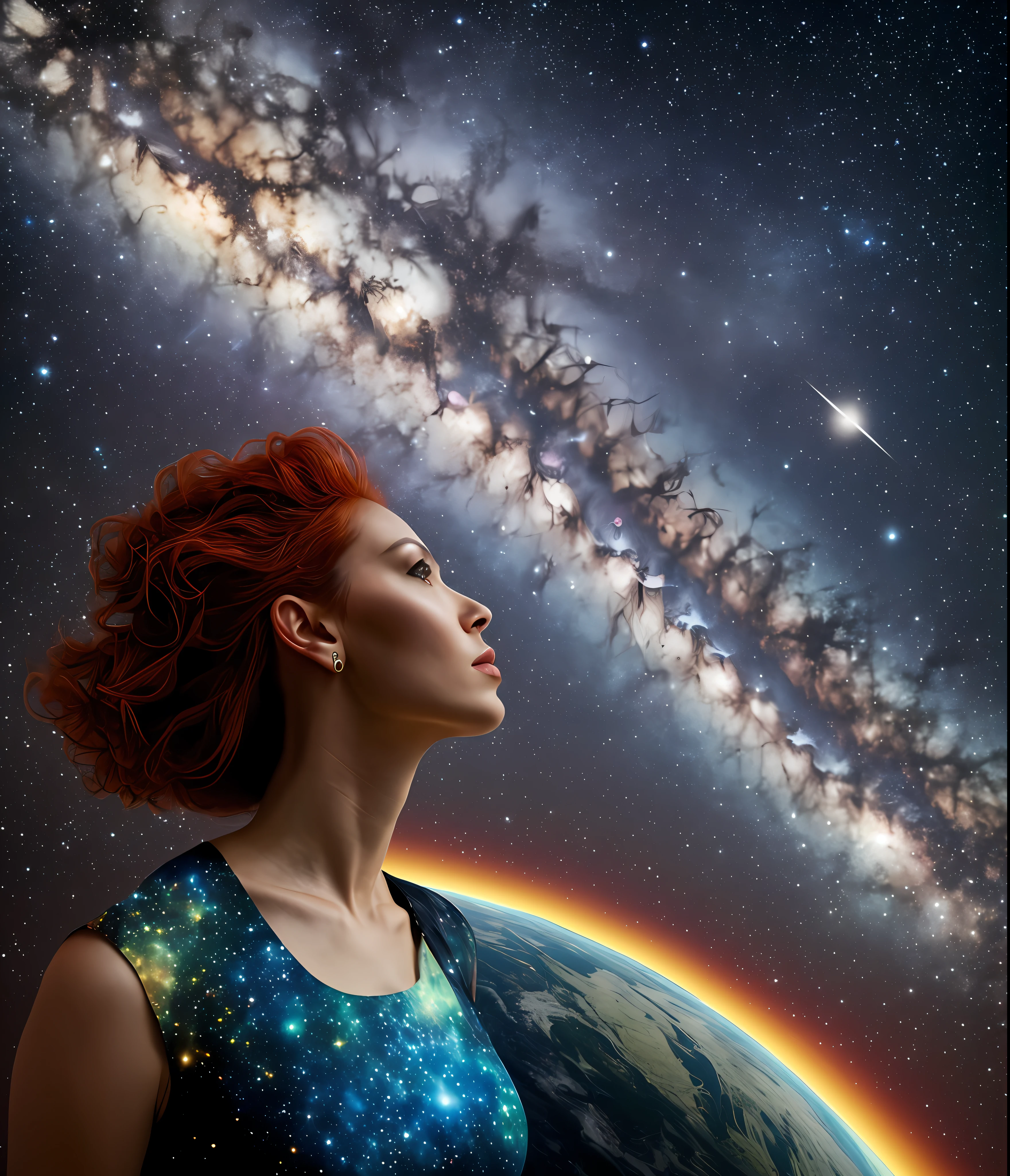Woman at edge of creation of the universe