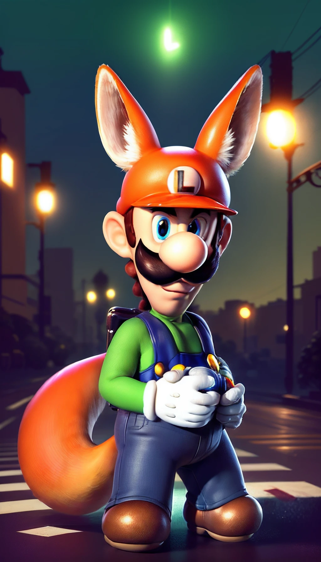 Masterpiece, Best Quality, personage (red fox:1.1)  em  (Luigi's outfit:1.3) , in the city, Ghibli Style Studio, Akira Toriyama, Genshin Impact, 4k, bright colours, devinart, Trending on ArtStation, illustartion,Beautiful detailed glow,detailed lighting,(beautiful detail eyes:1.1),expressionless,