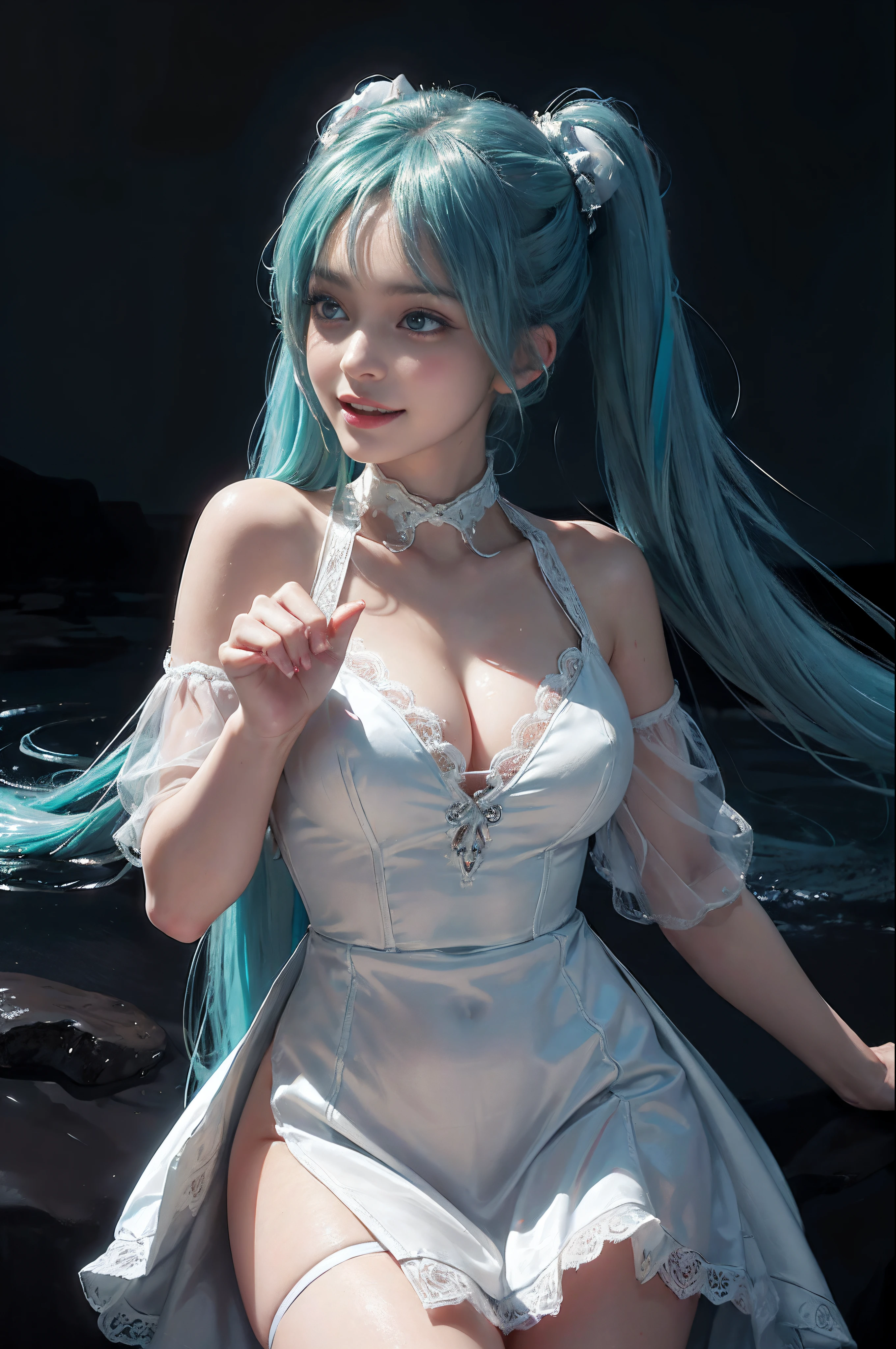 (((hatsune miku charakter))), (((tosca hair color))), ((long twin tail hair with pony)), looking at the view, eyes on the view, (((happy face))), smile (big smile), (open mouth), (((full body photo))), 21 years old girl, perfect body, perfect anatomy, tosca eye color, double eyelids, huge breasts, Highly detailed skin texture, (Realistic skin), Ultra-Detailed Face, Detailed Lips, Detailed Eyes, Double Eyelids, nacklaces, wet skin, wet hair, (((simple background))), (front focus), (in the dark:1.6), deep dark, Hyperrealist portrait of female by david hockney and alphonse mucha, fantasy art, photo realistic, (((dynamic pose))), hot model pose, ((elegant pose)), dynamic lighting, artstation, poster, volumetric lighting, very detailed faces, 4 k, in the dark, deep shadow, low key, cowboy shot, (((white dress color))), lighting dress, erotic lace dress, suspender stockings, extremely detailed, milk liquid