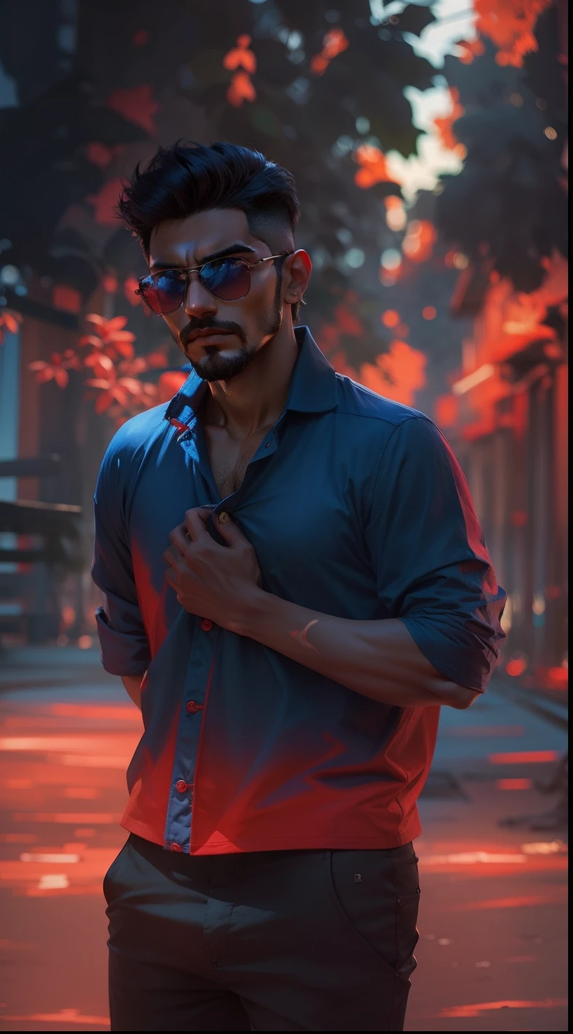 Dark blue tshirt red pent and sky jungle background