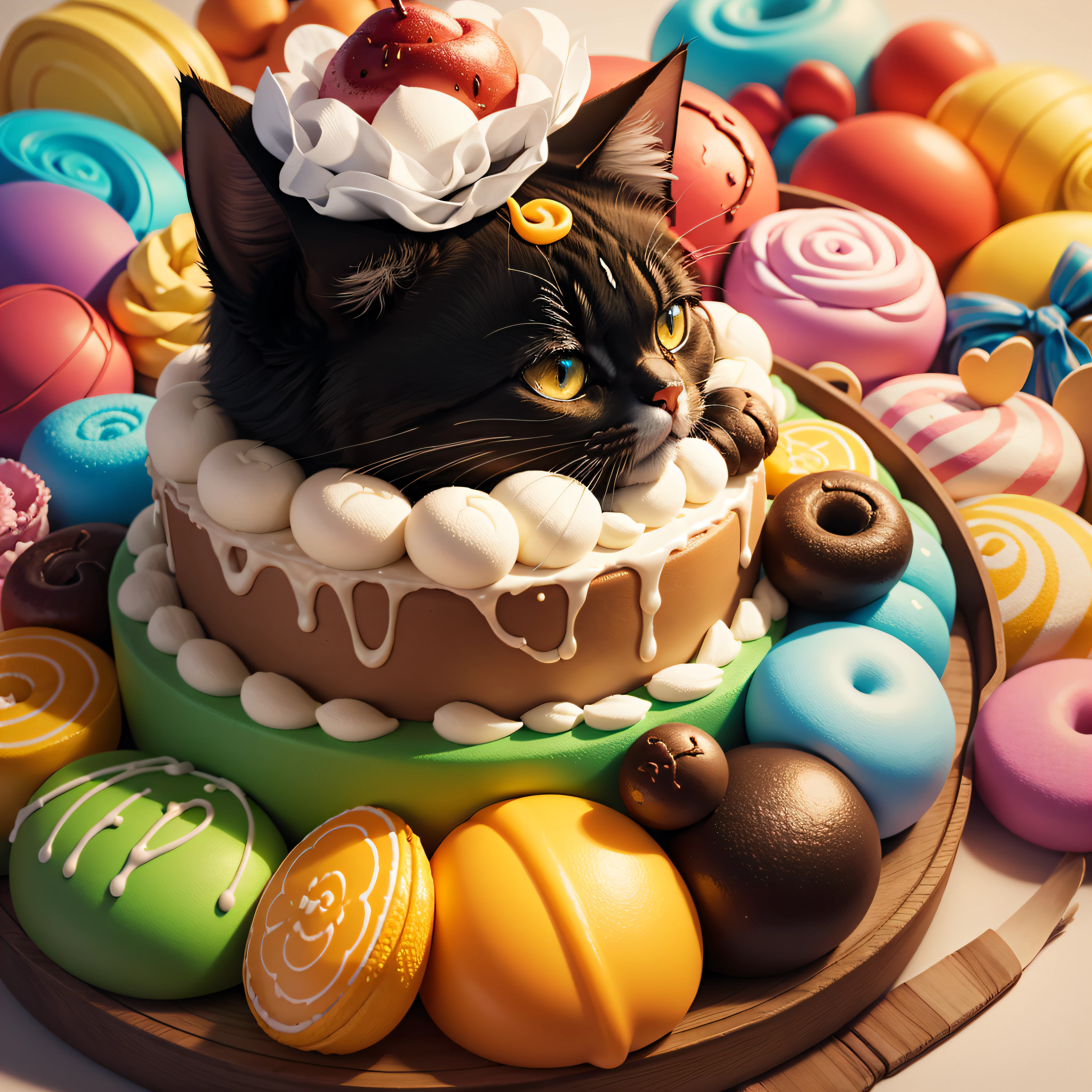 Make a logo with lots of sweets, a hungry-faced cat in the middle with 1 cook's hat --auto