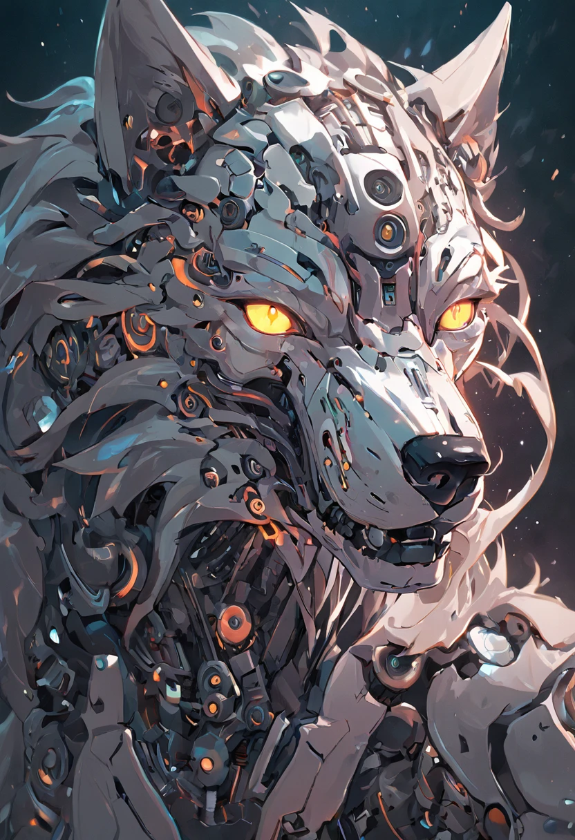 "Capture an intimate close-up of the face of a mechanical cyborg wolf with a focus on intricate details. Utilize advanced techniques from photography and digital art to ensure every nuance of the wolf's features is vividly portrayed. Employ a camera angle that brings the viewer into direct contact with the wolf's cybernetic and natural aspects. Craft a neon-infused background that emanates an otherworldly glow, adding an element of mystery and futuristic ambiance to the composition. The color palette should transition from the wolf's natural tones to striking shades of silver, further accentuating its metallic qualities. Employ lighting techniques that play off the reflective surfaces, highlighting the mechanical intricacies and creating captivating contrasts. Your artistry should showcase the convergence of technology and nature, resulting in a digital masterpiece that pushes the boundaries of both photography and digital illustration."