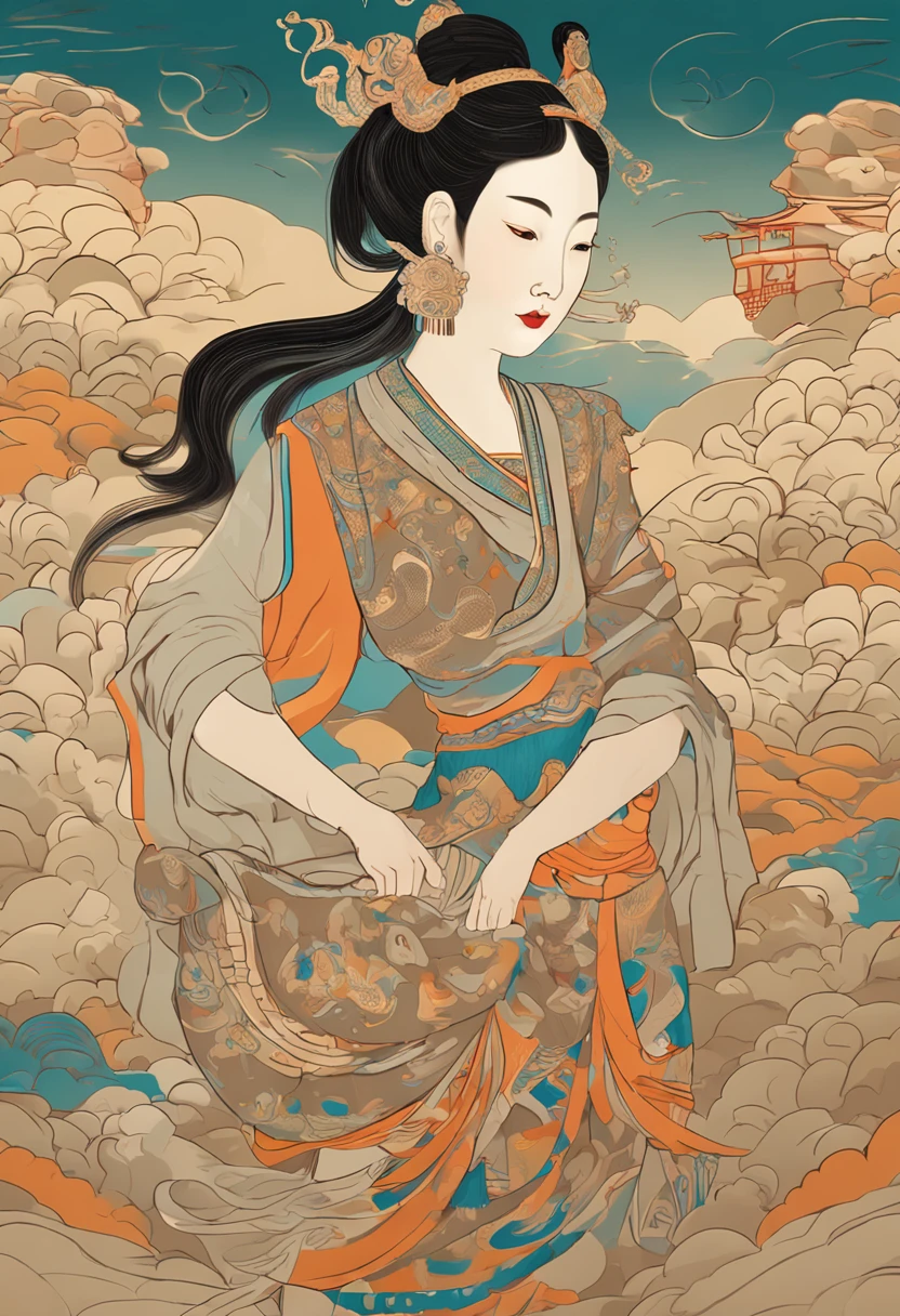 Dunhuang murals,Dunhuang girls dressed up,super detailing,Fly and hold the lute,The flying belt flutters,,Surrounded by auspicious clouds,Full of mystery,solid color backdrop,4K,gold light