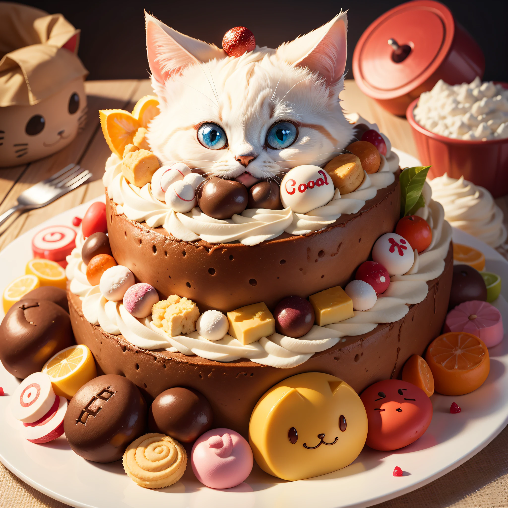 Make a logo with lots of sweets, a hungry-faced cat in the middle with 1 cook's hat --auto