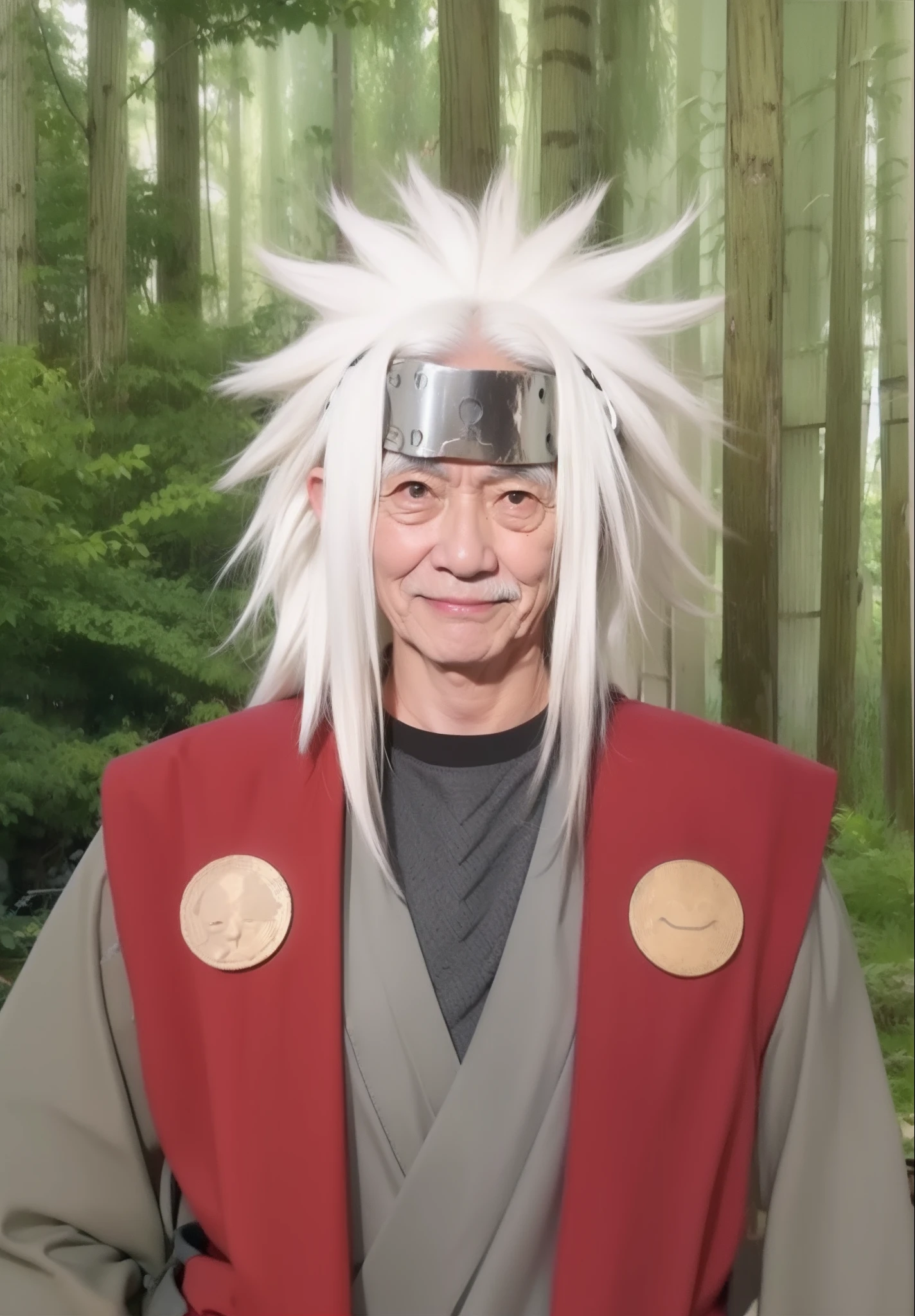 Real life adaption of this character,(realistic detailed very messy hair),(similar big iron headband),(realistic outfit:1.2),old Japanese man face ,realistic light,realistic shadow,realism,(photorealistic:1.2),realistic background,a bit smile,