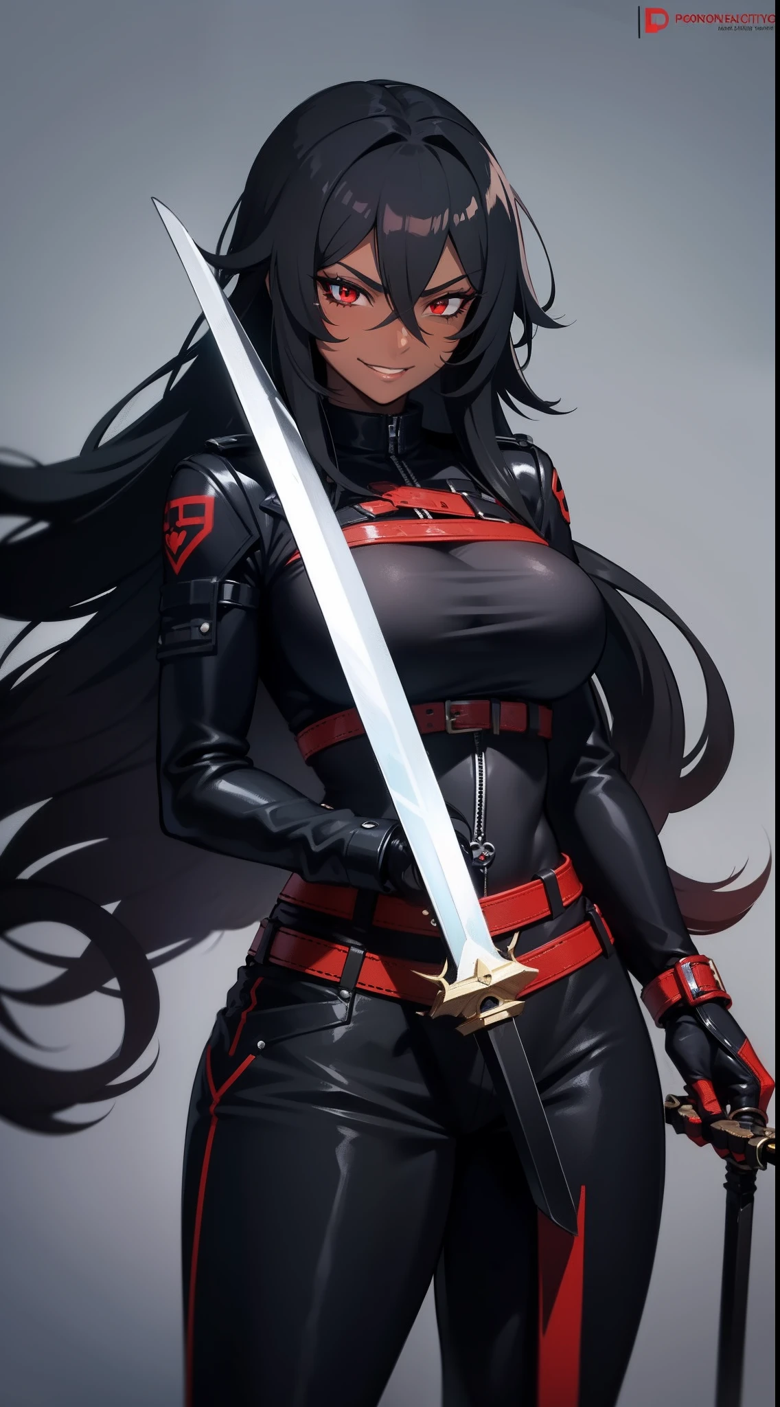 Adult woman, ebony, black skin, long curly black hair, red eyes, Bondage on the eye, musculature, Black hired tight top, Mercenary pants, arma, sword, smirk, Masterpiece, hiquality