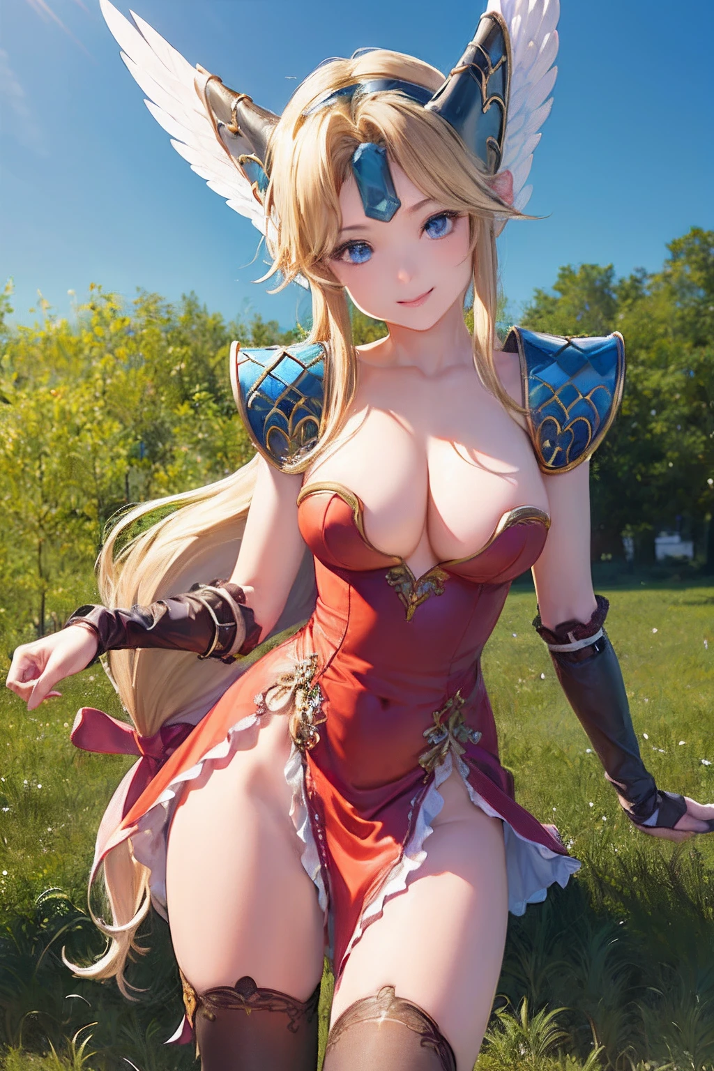 (masterpiece、top-quality:1.2), cowboy shot, 独奏, 1girll, Leeds, A smile, Mouth closed, Look at viewers, long hair with low knots, Winged helmet, doress, s Armor, armor on the shoulders, bridal gauntlets, cleavage of the breast、((stockings))、((Lift your legs))