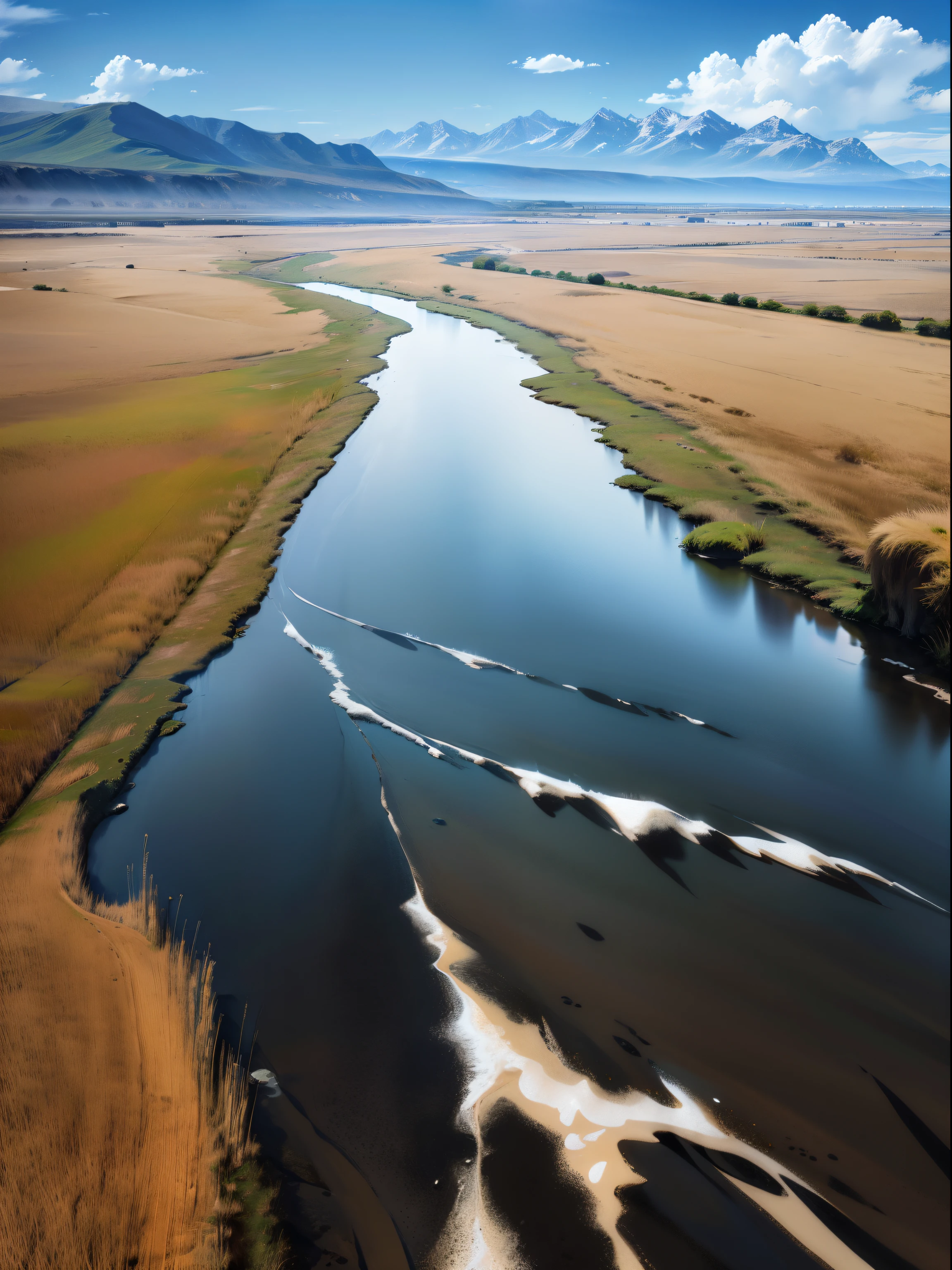 Magnificent steppe，Realisticstyle，There is a creek，The stream is clear