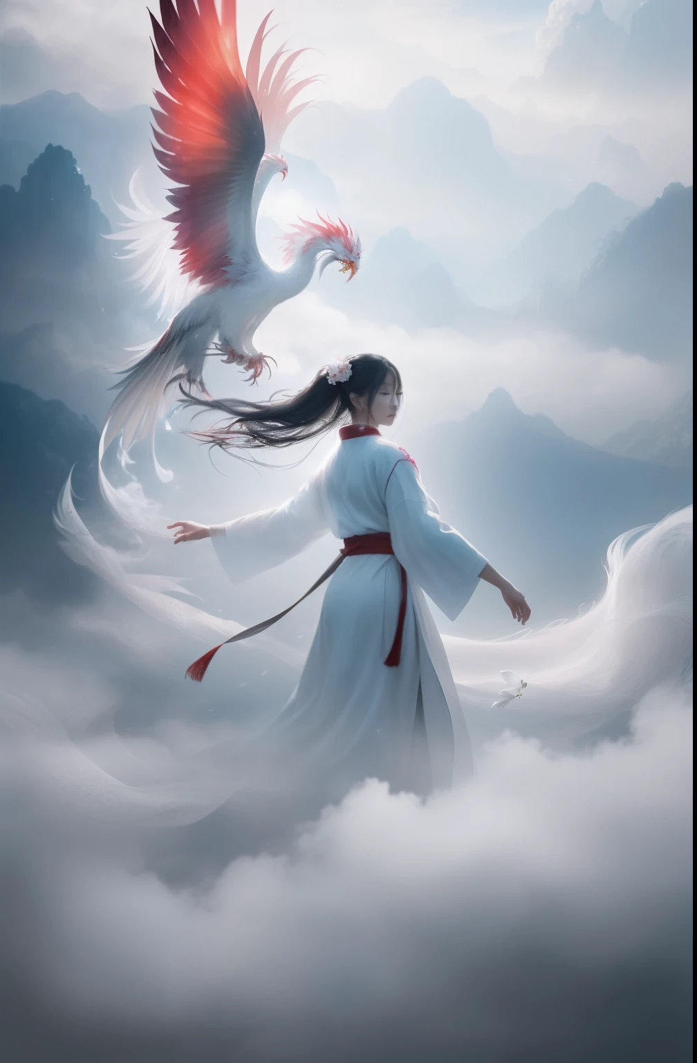 ((((1 girl)))),(white Chinese robe),
In a captivating scene, a beautiful woman adorned in a flowing white Chinese robe soars through the misty clouds on the back of a majestic Chinese phoenix. The wind gently lifts her robe, accentuating the sense of flight as they gracefully navigate the ethereal cloudscape.