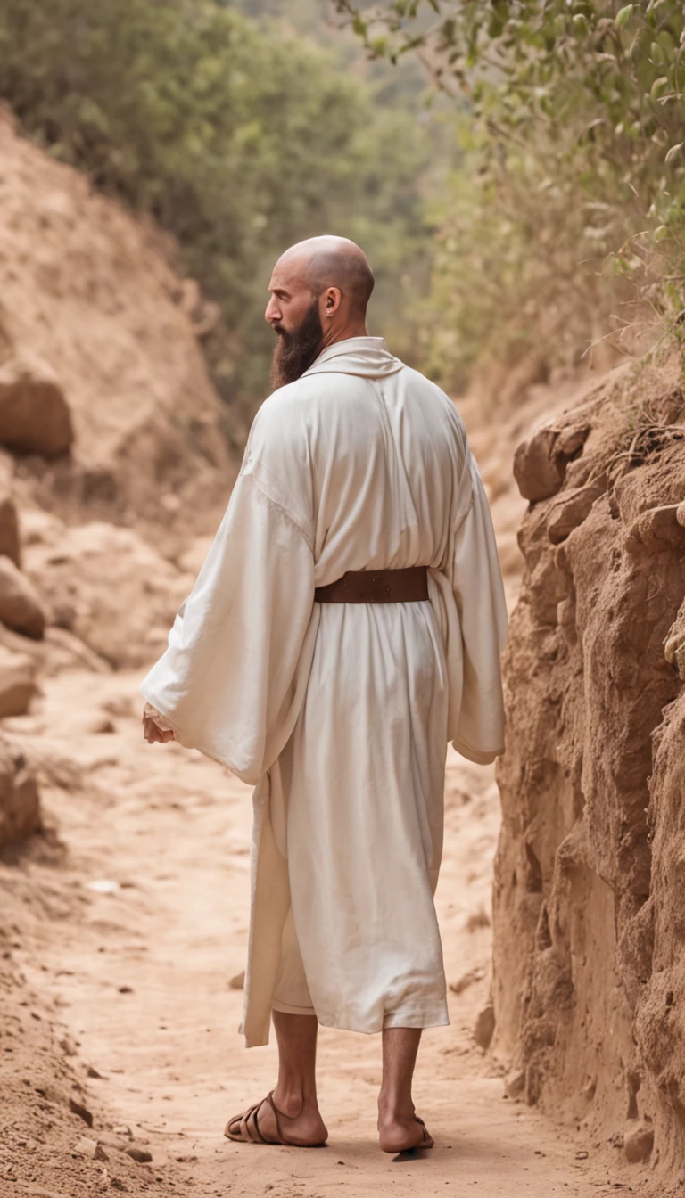 A very LOW-ANGLE photo depicting a pair heavy iron foot shackles lay on dirt in the foreground on a NARROW rugged path uphill, AND a ((back view radiant Jesus Christ wearing white robe)) walking 100 meters away : Canon EOS R6 Mark II 28mm f19