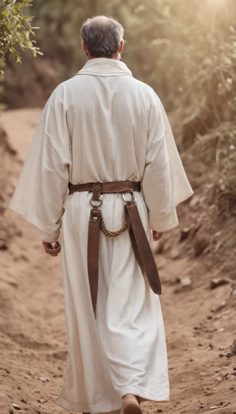 A very LOW-ANGLE photo depicting a pair heavy iron foot shackles lay on dirt in the foreground on a NARROW rugged path uphill, AND a ((back view radiant Jesus Christ wearing white robe)) walking 100 meters away : Canon EOS R6 Mark II 28mm f19