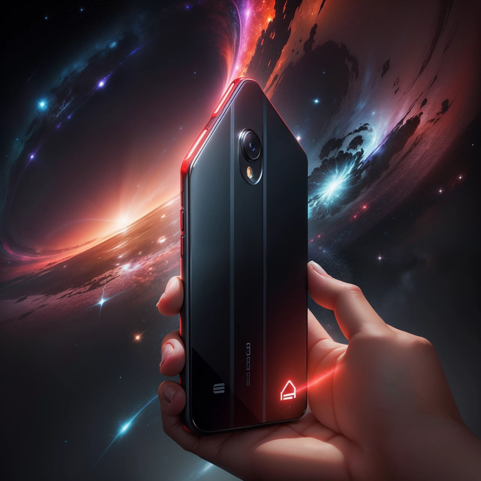 Smartphone, many numbers, space, ambience of light, storm, reveal, android logo red mad, universe galaxy