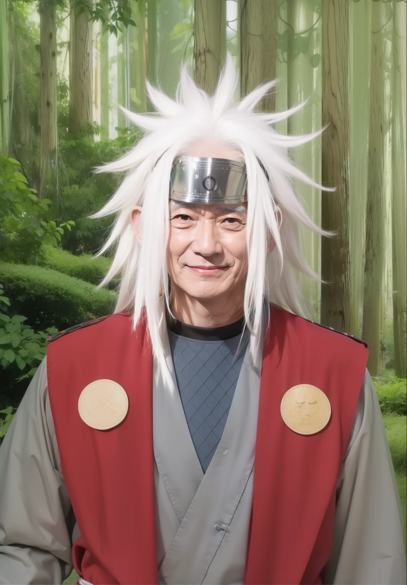Real life adaption of this character,(realistic detailed very messy hair),(similar big iron headband),(realistic outfit:1.2),old Japanese man face ,realistic light,realistic shadow,realism,(photorealistic:1.2),realistic background,a bit smile,