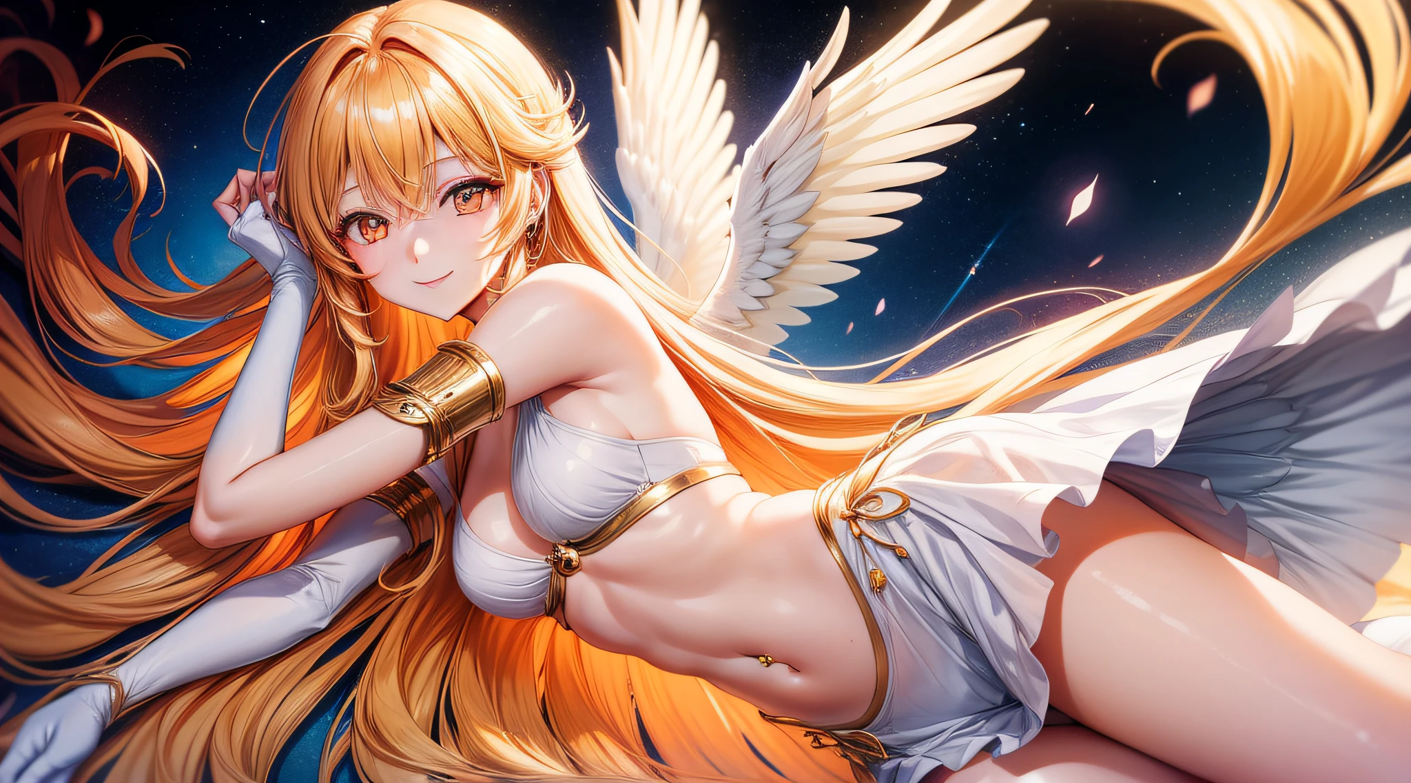 Detailed、Soft skin、Anime style、Orange Eyes、Girl in her 20s、The long-haired、a blond、angelicales、a smile、kosmos、Piercing、the presence of wings on the back、full bodyesbian
