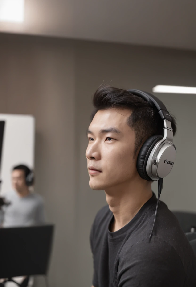 Arafeld man wearing headphones in the recording studio, eric hu, steve zheng, Cao Shuxian, jon kuo, song nan li, peter xiao, ryan jia, Li Zixin, reuben wu, jeremy cheung, jonny wan, lei min, liang mark, kevin hou, wei wang, inspired by Song Xu, singers,