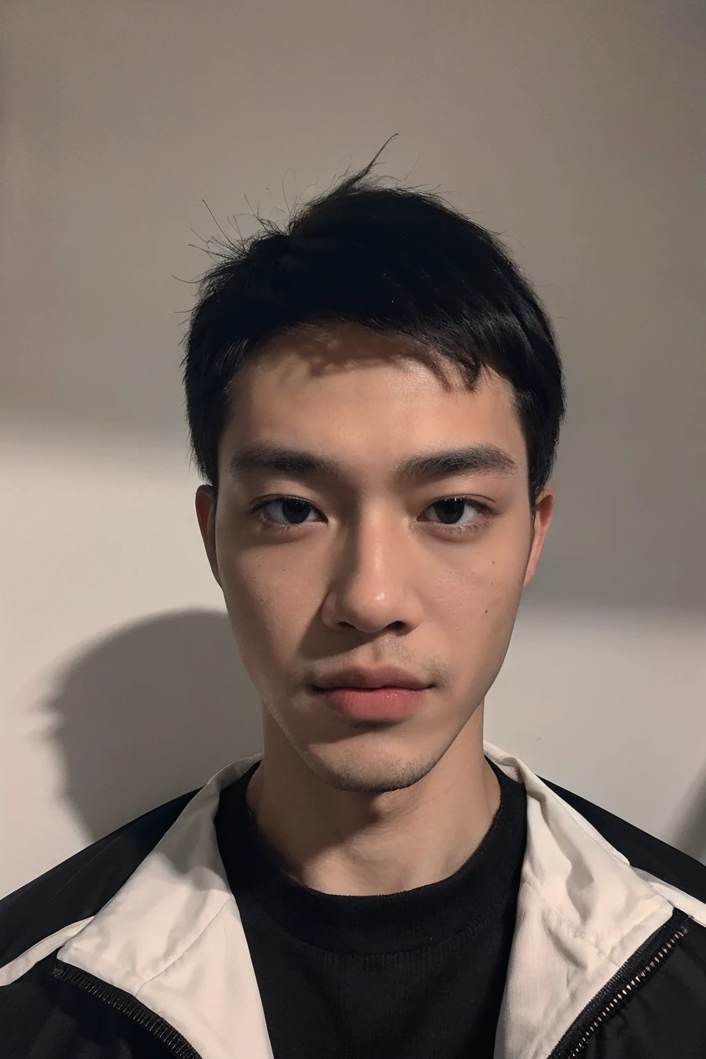 (masterpiece:1.2),(best_quality:1.4),(highres:1.1),(ultra-detailed:1.2),1 man,good_shoulder,fashion_model, model_pose, (black male perm hair),(close-up),model,(handsome) Clear eyes,Men's Hairstyle, black eyes, full body, school boy, dirty school uniform, black pants, standing, in dark school, chaos class room