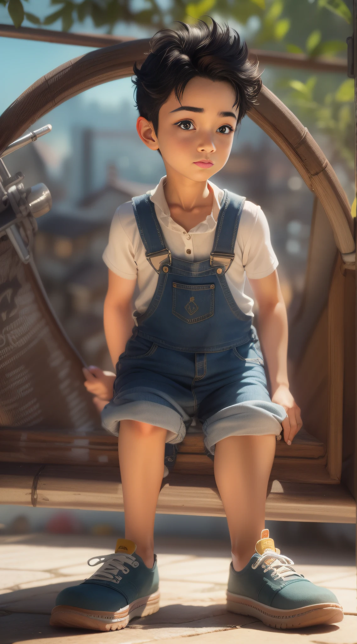 There is a poster，It features a boy sitting on a roof，short detailed hair，Denim suspenders，The barefoot，depth of fields，high light，Real light，Ray traching，Animation-style rendering，movie picture quality，style of disney animation，oc rendered，Hyper-realistic，best qualtiy，8K，Works of masters，super-fine，Detailed pubic hair，Correct anatomy，sharp focus on eyes，Bokeh，Facial features are carefully depicted