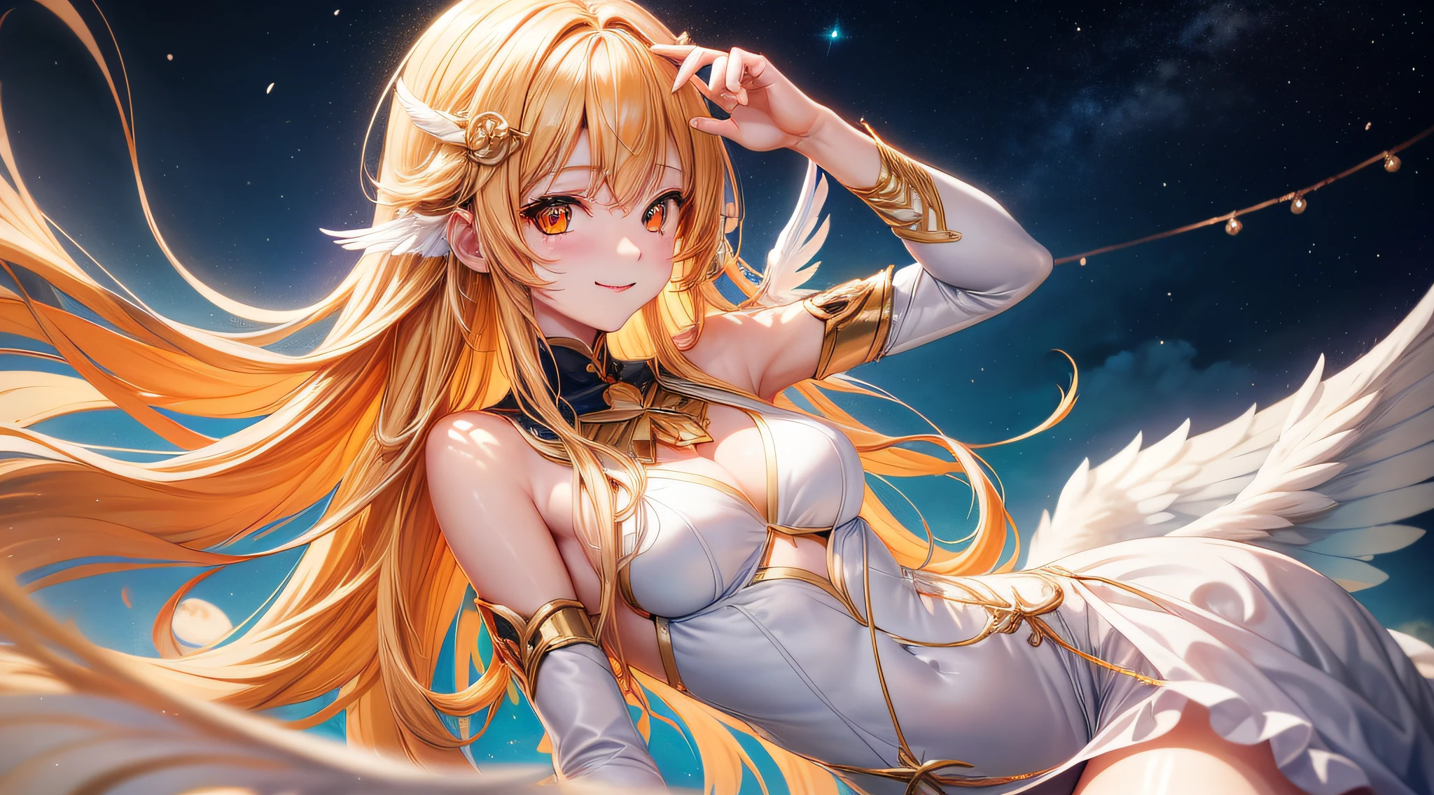 Detailed、Soft skin、Anime style、Orange Eyes、Girl in her 20s、The long-haired、a blond、angelicales、a smile、kosmos、Piercing、the presence of wings on the back、full bodyesbian
