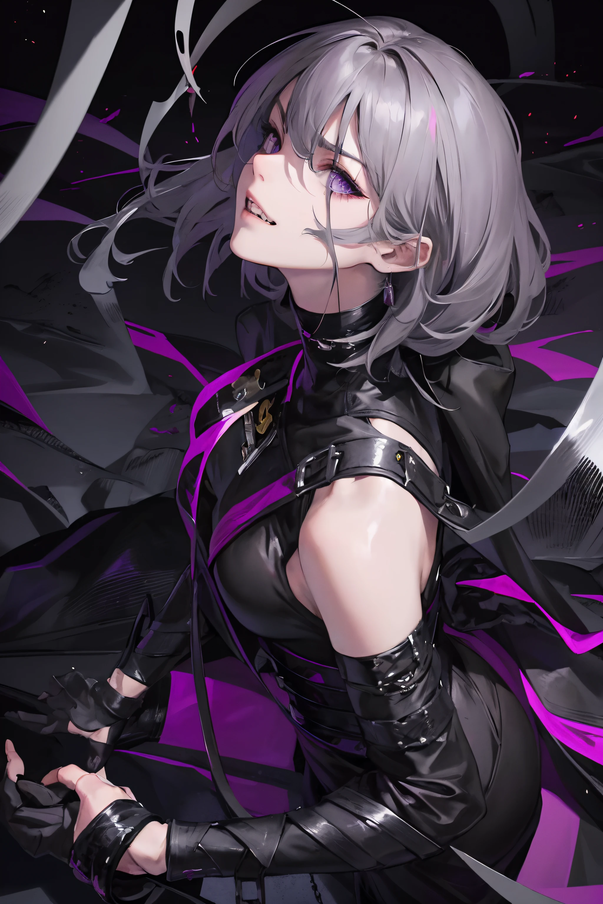 Official art, masterpiece, Sharp Focus, a girl, Solo, Delicate Beautiful Hair and Eyes and Face, Realistic, Ultra-detailed, Shackles, black large Iron ball and black chain with left foot, (Angry), sinner, Dynamic Angle, bound, From above, Looking up, Large scars on the eyes, Dramatic Lighting, Night, Scenery, short gray hair, Evil smile, Shaggy hair, (Black Ninja Clothing), dark backgrounds, Purple eyes, Purple muffler, Cover opening, Jagged teeth, Big hips, black mask