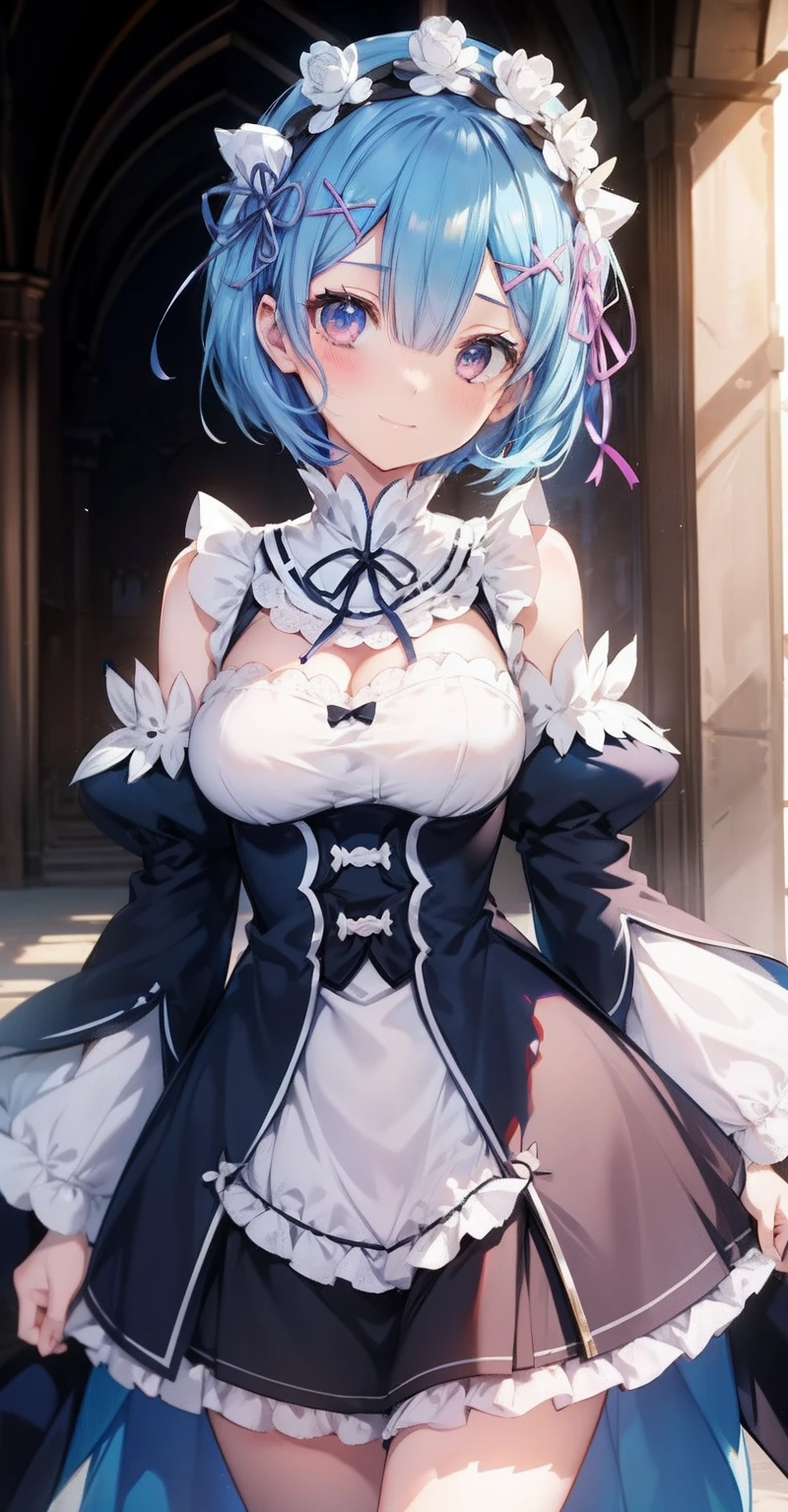 blue hair, rem \(re:zero\), [smile], blush, castle,, masterpiece, best quality, perfect lighting, 1girl, skirt, medium breasts,