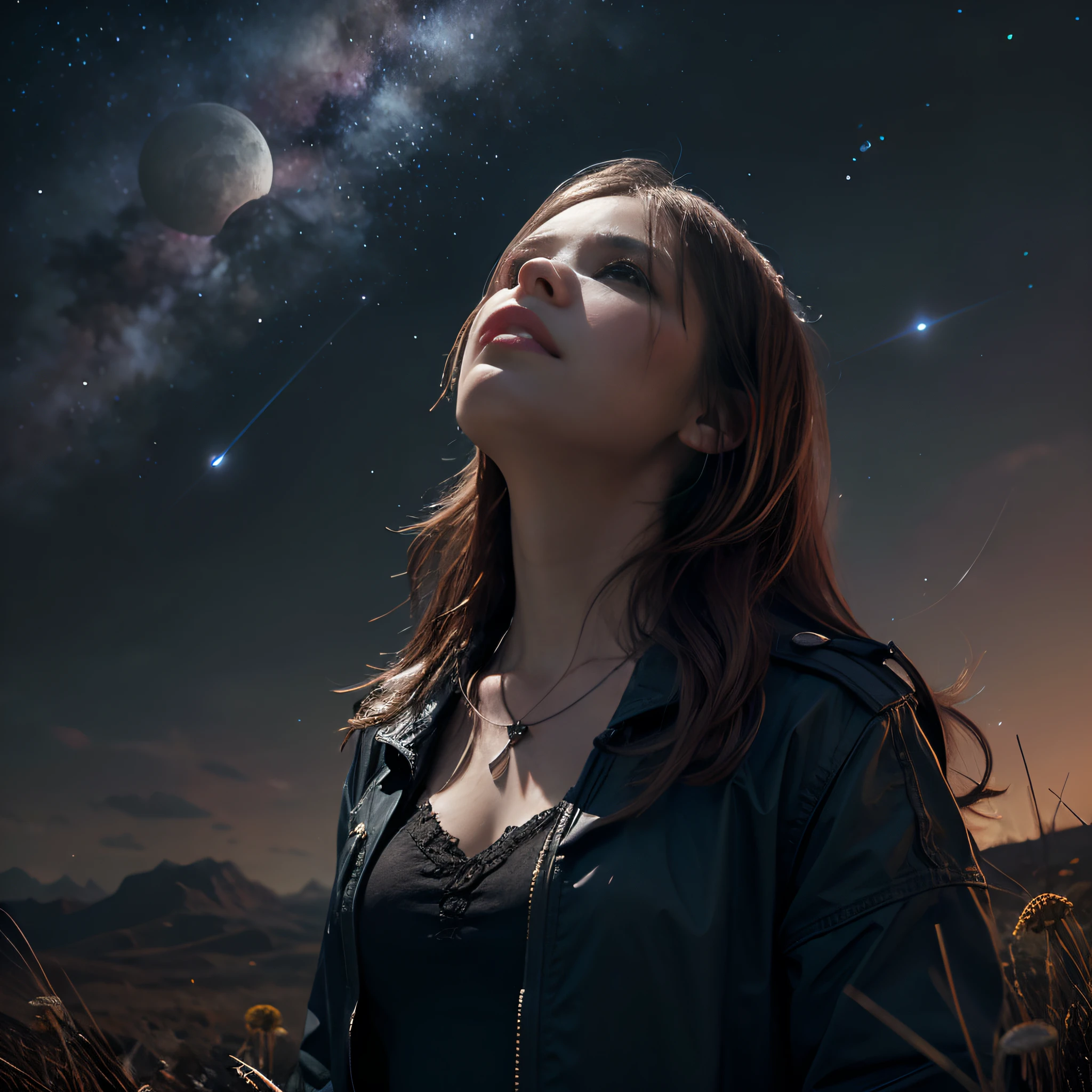 (Absurd, Cinematic, nffsw, Haute, ultra-detailliert, ultra-detailliert), Woman looking up at the sky, upper body closeup, Dark purple sky, Nebulae in the sky, The Last Five in the Sky, Big moon in the sky, shooting stars, Dandelion field, mont, Oil Painting, Detailed dandelion field, Detailed sky, Sunset, unreal engine 4k wallpaper