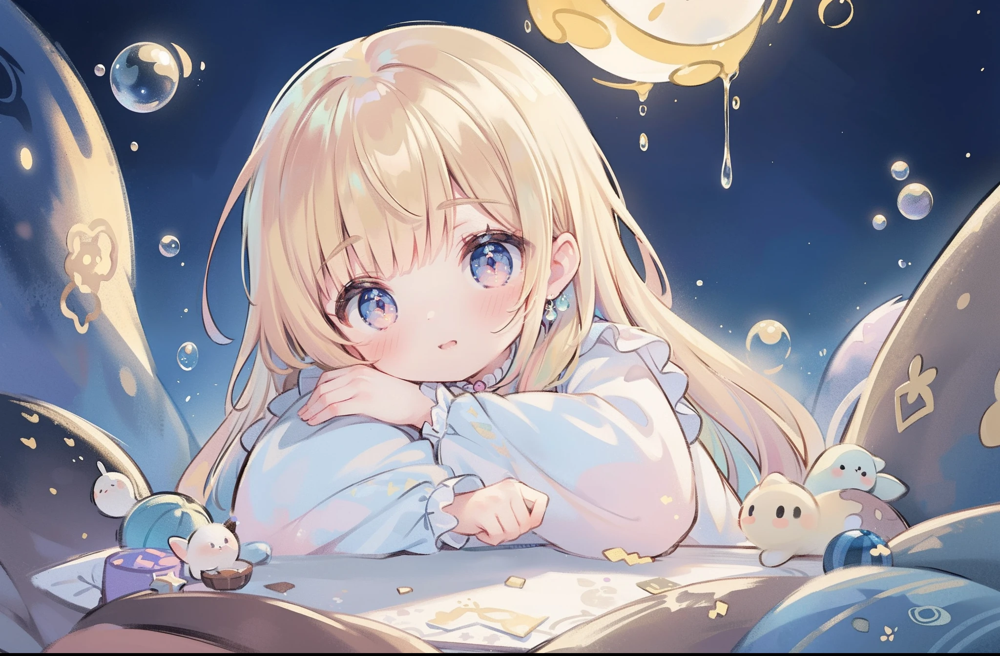 Anime girl laying on a bed with a book and stuffed animals - SeaArt AI