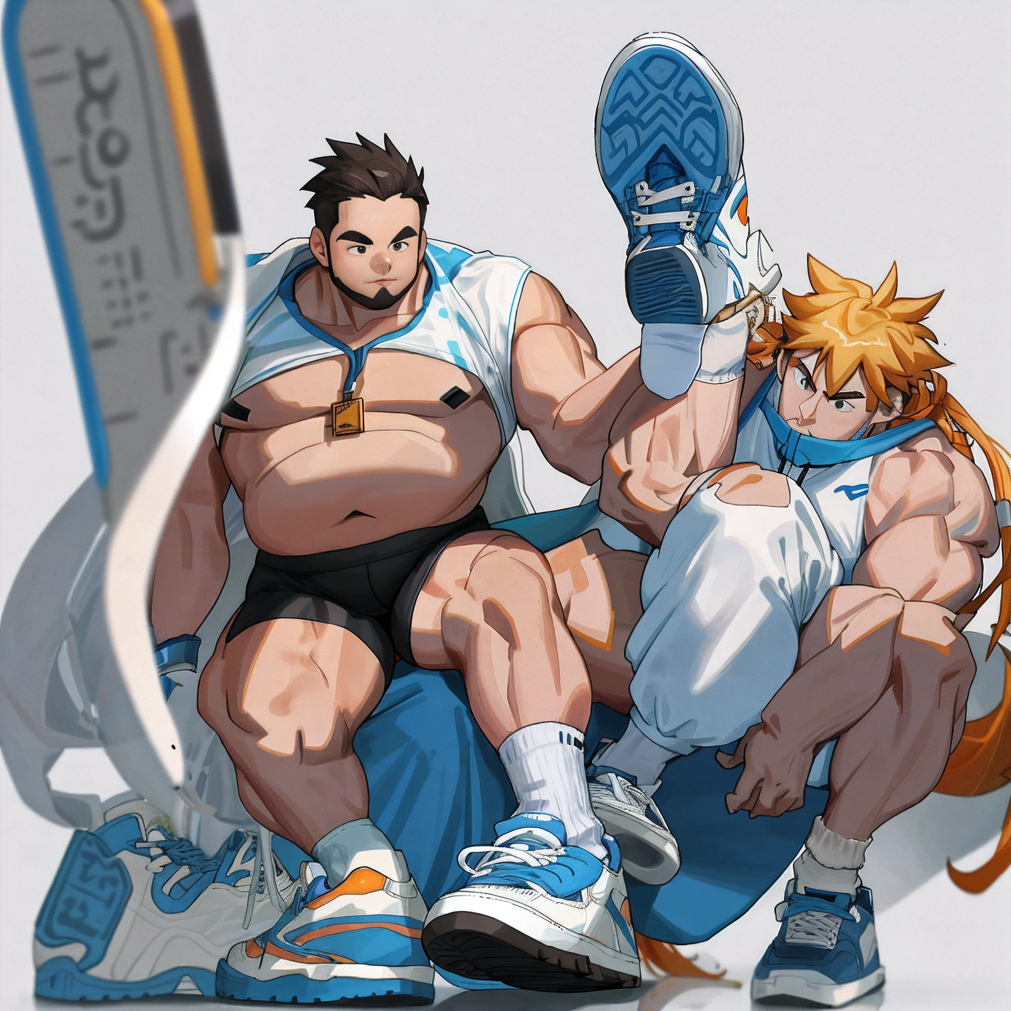 Fat sac boy,thick leg,Wear white socks and sneakers,Beard