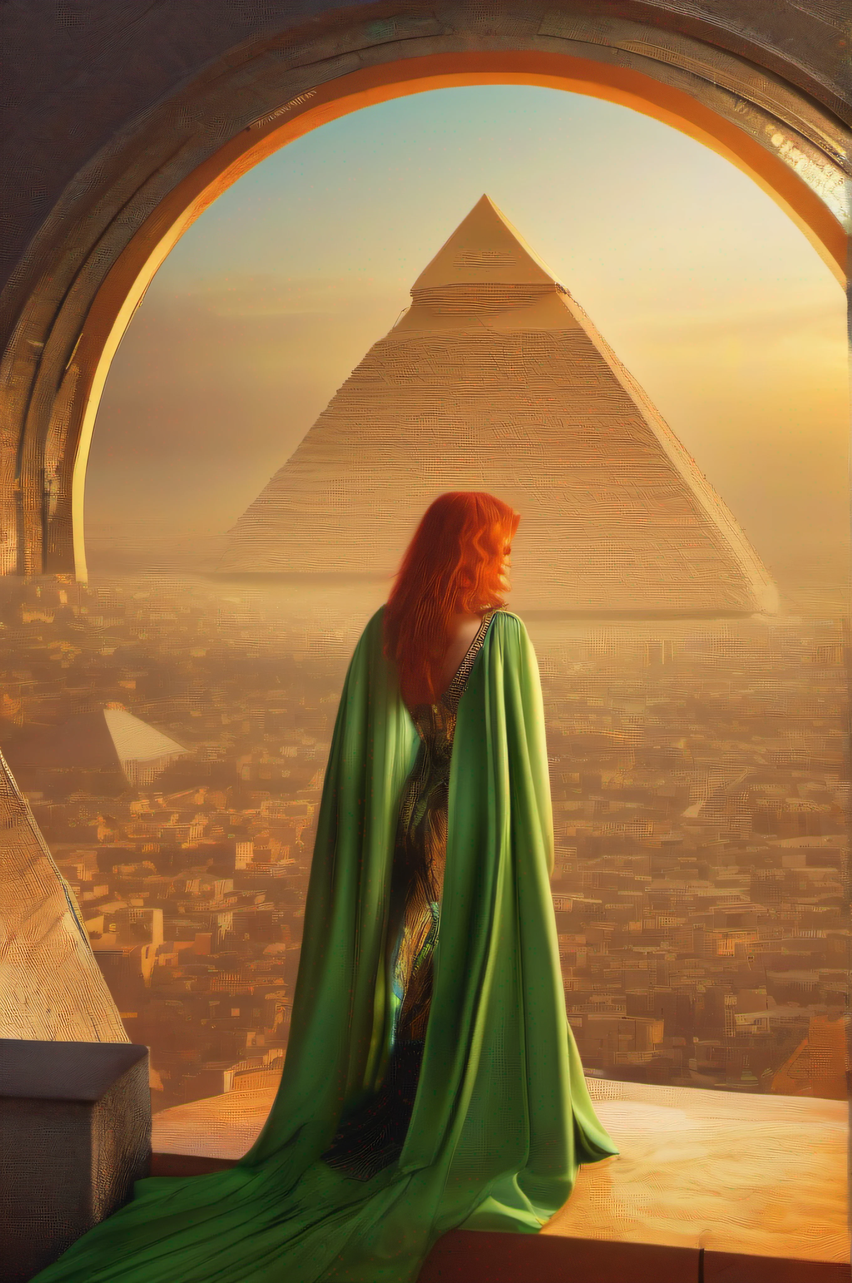 A beautiful red-haired woman with gigantic breasts wearing only a short wide-open orange-green-golden-Egyptian cloak, and some jewels, on top of the Piramide from Cheops, looks down over the futuristic Egyptian City.