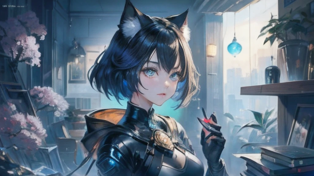 Portrait of Catwoman, anime catgirl, smooth soft skin, Fantastic Big Eyes, beautiful intricate colored hair, Symmetrical, anime wide eyes, Beautiful eyes, Soft lighting, Detailed face, By Makoto Shinkai, Stanley Ateg Liu, Phlegm sputum, phlegm, rossdraws, concept-art, Digital painting, looking at the camera in, 1girll