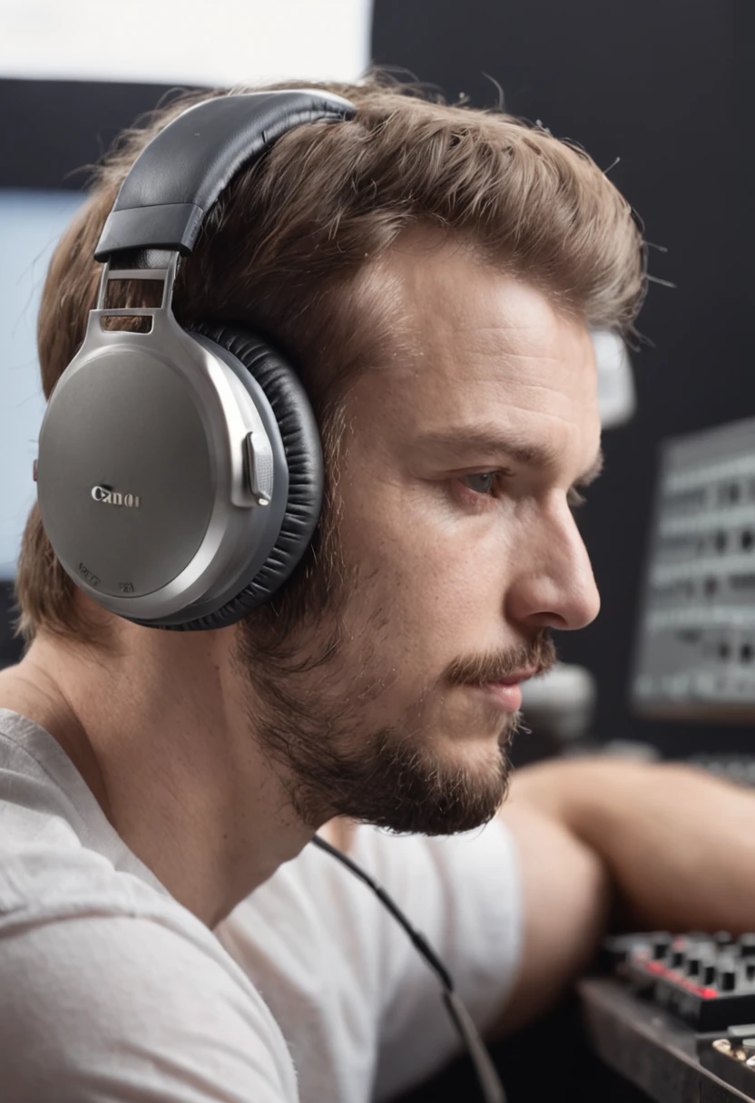 Man working in a recording studio wearing headphones,