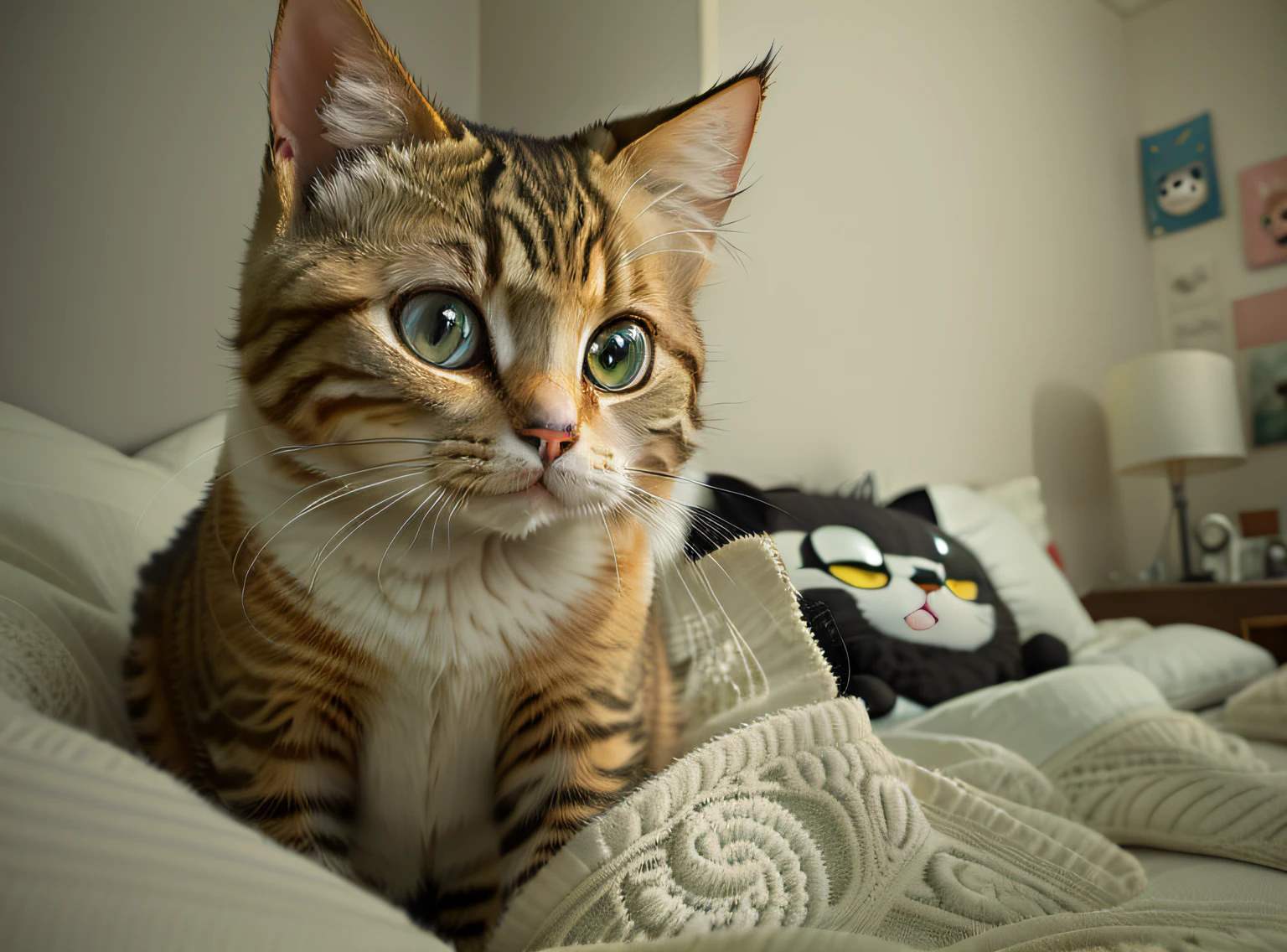 There was a cat sitting on the bed,There were blankets, largeeyes, sad cat, very large eyes, largeeyes, looks surprised, horrified look in his eyes, with a big head,Big eyes, very large eyes!, shocked expression, Eyes widened in shock, A cute cat, Big cute eyes, horrified expression, Huge surprised eyes