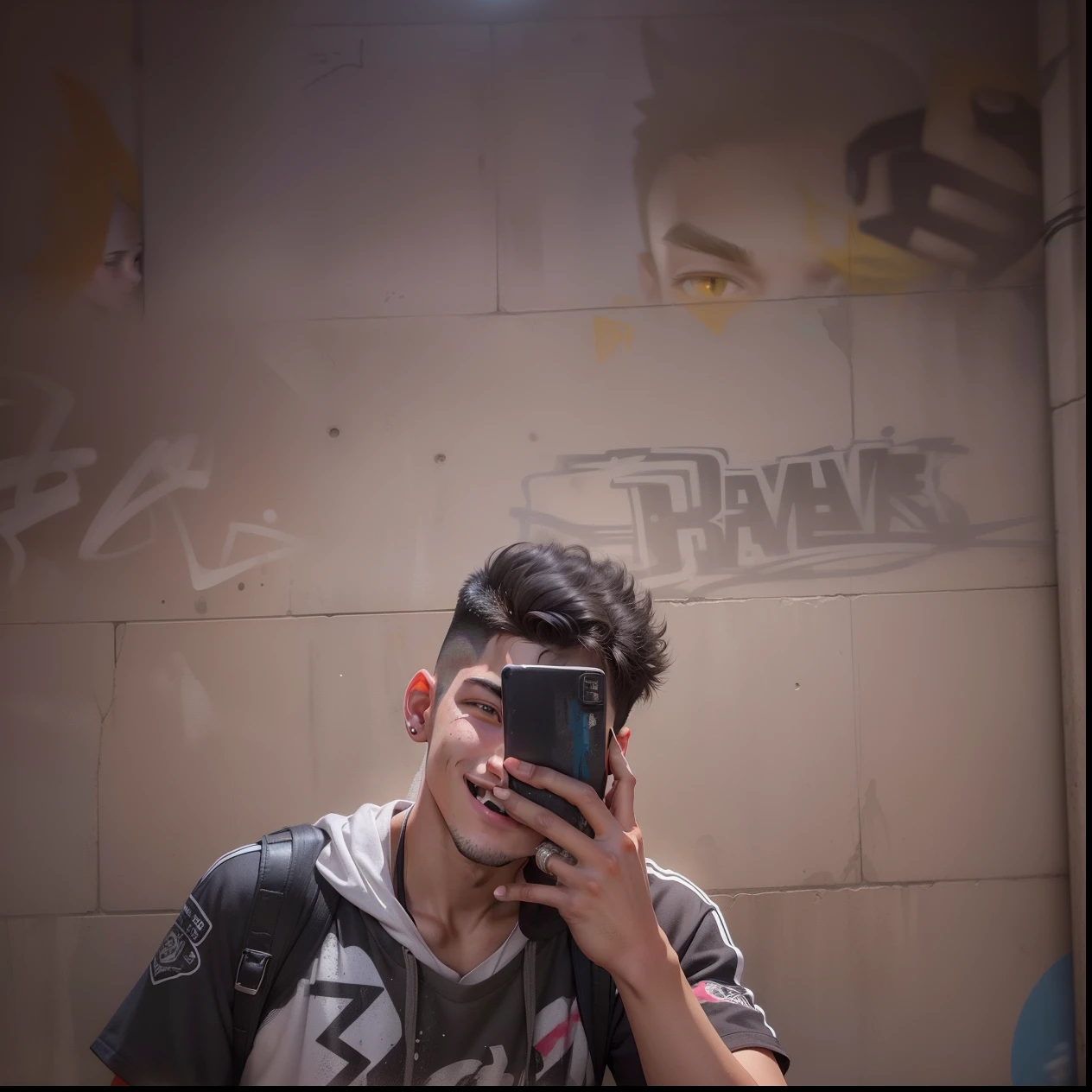 A very handsome ager passed by me and inadvertently saw me, bust photo, smiling and looking at me. High nose, yellow race, relatively white skin, black hair, medium hair. The background is a wall with various graffiti on it. He wears simple short sleeves and
