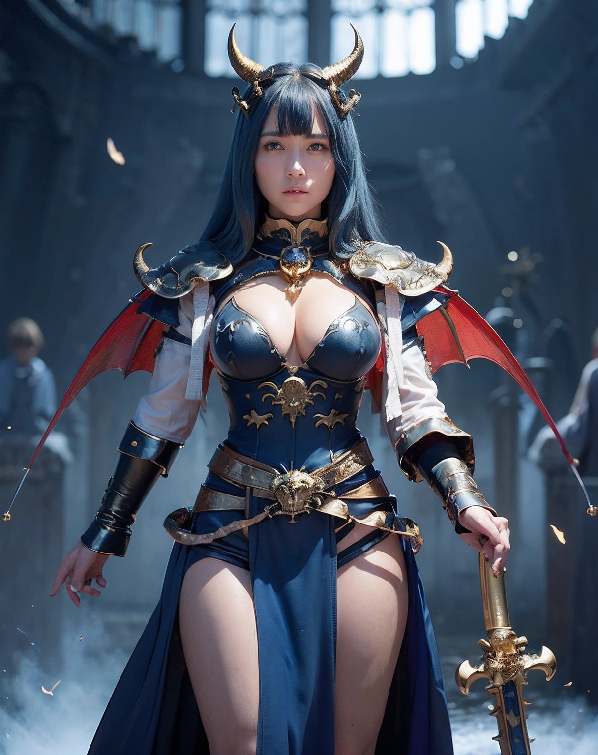 Professional , ​masterpiece、top-quality、photos realistic , depth of fields 、（Gemstone Blue Metal Body:1.２),(Matte Blue Black、（Standing in the church）、gold patterns、Wind-effect、Light Effects、Wind-effect、magic circles、（cleavage of the breast）、Dragon Gold Weapon（Dragon Metal Body:1.４),Gorgeous gold weapons ,（Particles of light）、（Strange expressions）、Mystical expression、（（ Dragon's dense and gorgeous sword）） , Ultimate Beauty   、（（Blue hair））、（Castle background）、The dragon、（（Gangle's forest background））、Beautiful Caucasian beauty、（１a person）、dynamic ungle,(((Details of the two demon horns on the head)))、Smaller head、A smile、Castle background、Thin and beautiful female hands、cleavage of the breast、Soldier in iron armor on background、Mystical expression、Light Effects、Wind-effect、magic circles、With the legendary magic wand、（demonic wings）、（Blue hair）、（1 persons）、Battle Look、Anatomically correct body、Toostock、Toostock、