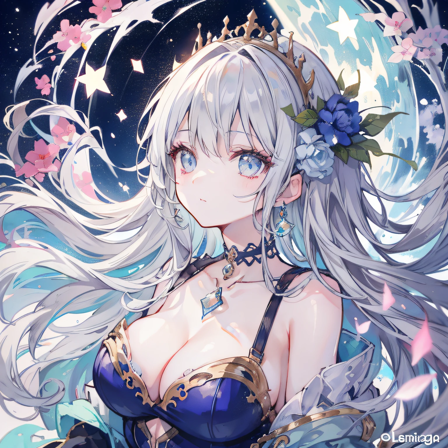 （（1 rapariga））， astounding， beatiful detailed eyes， finely detailled， depth of fields， （best qualtiy），（Most Best Illustration）， （best illuminate， Best shadow）， （Very fine and beautiful））， Very detailed wallpaper， Dream background， seen from the side，Look away， scenecy， Young girls， （Lori huge breasts cleavage）， （（full bodyesbian））， Long gray hair， （（Gray eye））， beatiful detailed eyes， （（（Cobalt long dress）））， hair adornments， choker necklace， Light makeup，  wind blown， afloat，mirrors，mid-air，starrysky，In heaven，Flying，ventania，kosmos