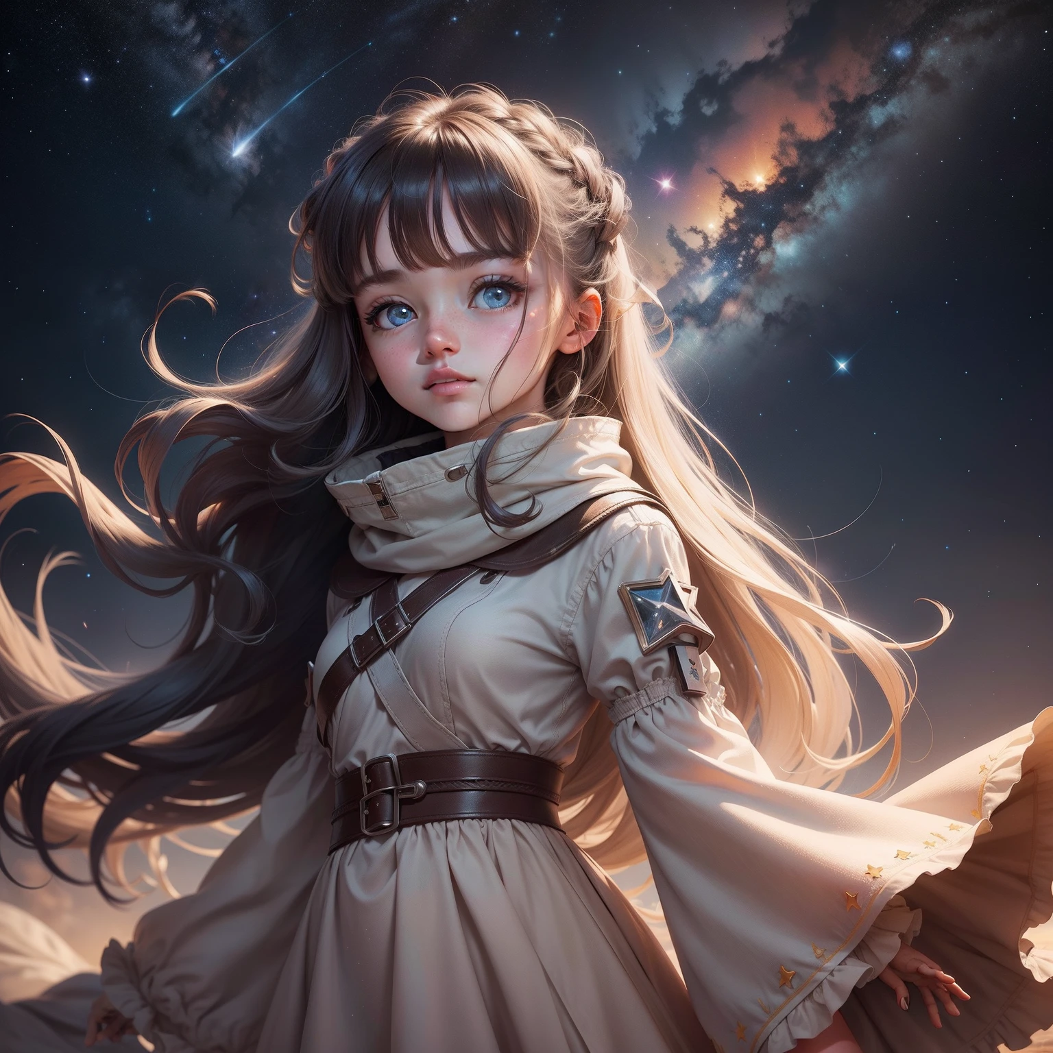 On a planet ,A girl looking into space with starry eyes,There are many stars in the sky ,The wind ruffled her long hair