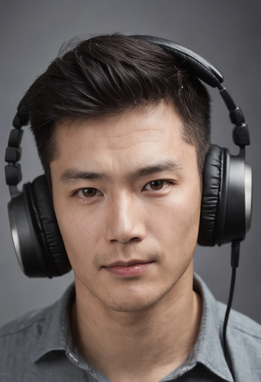 Man working in studio wearing headphones Chinese man,High-definition details,A nervous and focused expression,Dark lighting,soft background,solid black background,The sense of layering is prominent,Handsome sunny image。