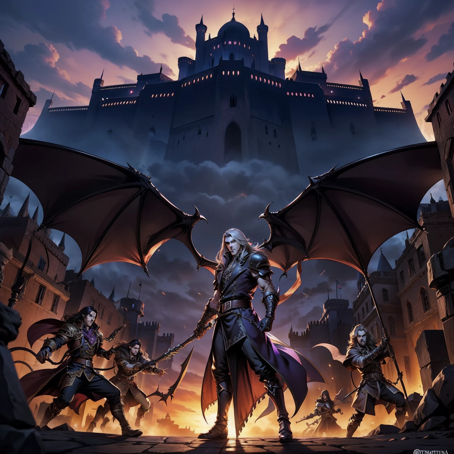 Castlevania hyper realistic shadow lords super detailed leading troops armed with demons surrounding great Moroccan castle to fight Epic