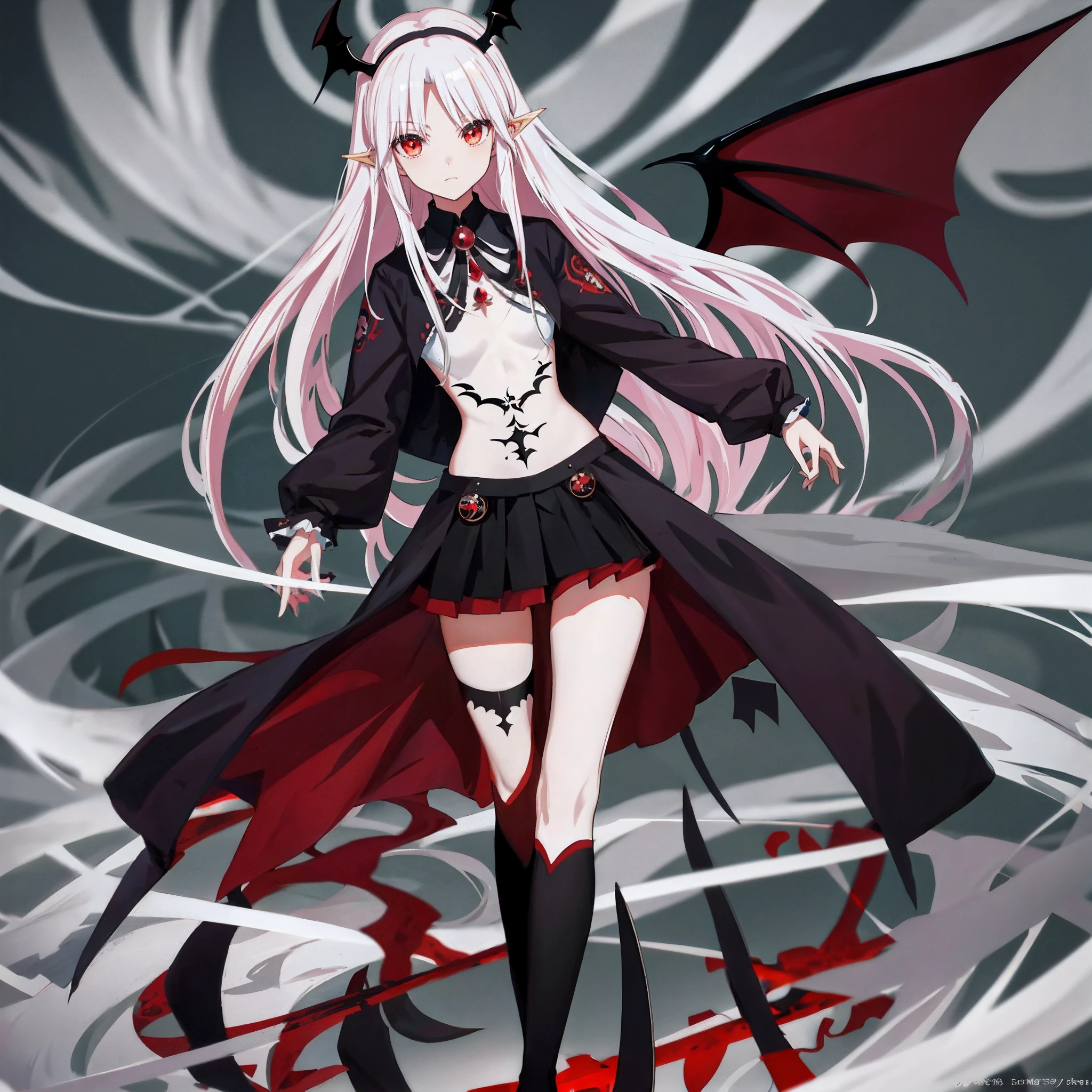 Anime girl with long white hair and black and red dress, demon anime girl, gothic maiden anime girl, Anime monster girl, Demon Girl, gapmoe yandere grimdark, Vampires, Vampire girl, mika kurai demon, (Anime girl), dark demonic dancer, anime vampires, gapmoe yandere, Succubus, The demons! Bulbous fern!, Zerotwo,A pair of wings,The tattoo density is greater