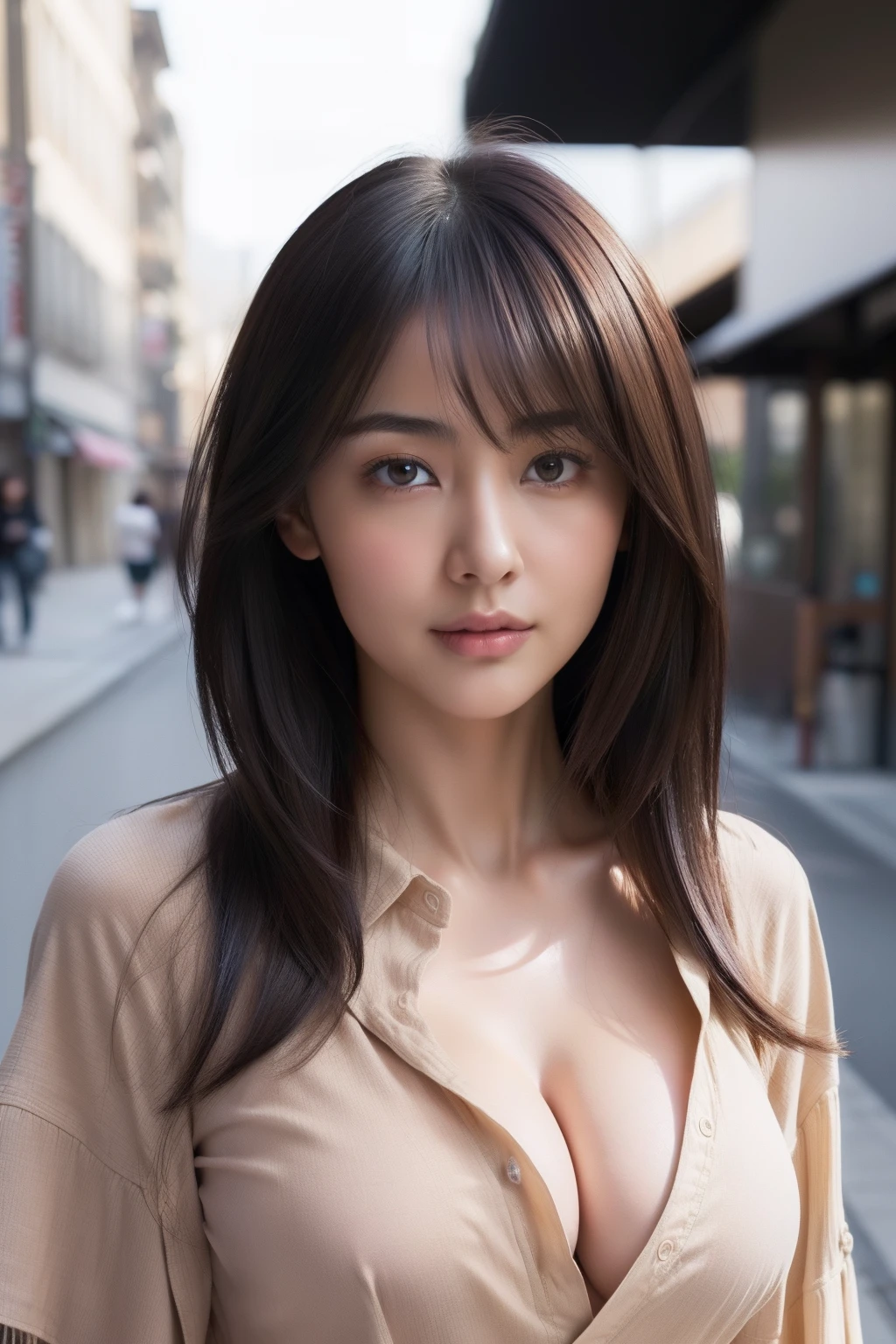 (1 woman:1.1)、Beautiful Japan adult woman、((best qualtiy, 8K, tmasterpiece:1.3))、((realisitic:1.5))、((sense of reality:1.5))、Perfect litthing、Perfect figure beautiful woman:1.4、((Layered Hair Style、ample breasts:1.2))、(Long light beige shirt:1.2)、(Street:1.2)、Highly detailed facial and skin texture、glowy skin、A detailed eye、二重まぶた、(The front of the shirt is open:1.1)、(breast cleavage exposed:1.1)、(small and beatiful :1.3)、see the beholder、Upshot