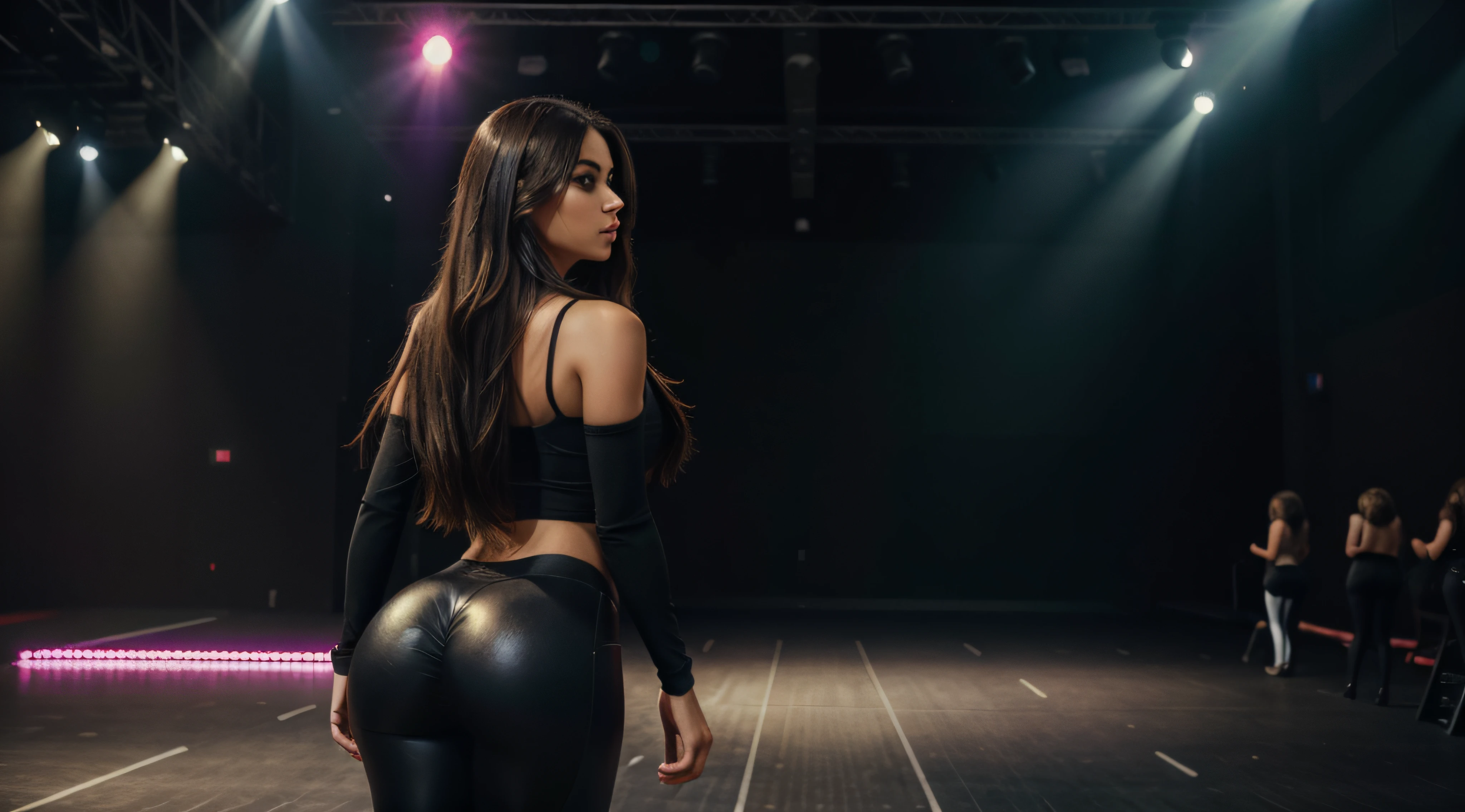 full body, long_hair, gorgeous, city girl,big ass, juice thighs western, cute top and black leggings, hot girl, (masterpiece), best quality, high resolution, extremely detailed, depth of field, cinematic lighting, At event, , big room led nightclub, right side, empty club, ALONE in club, Empty, Led lights, colorful, standing,