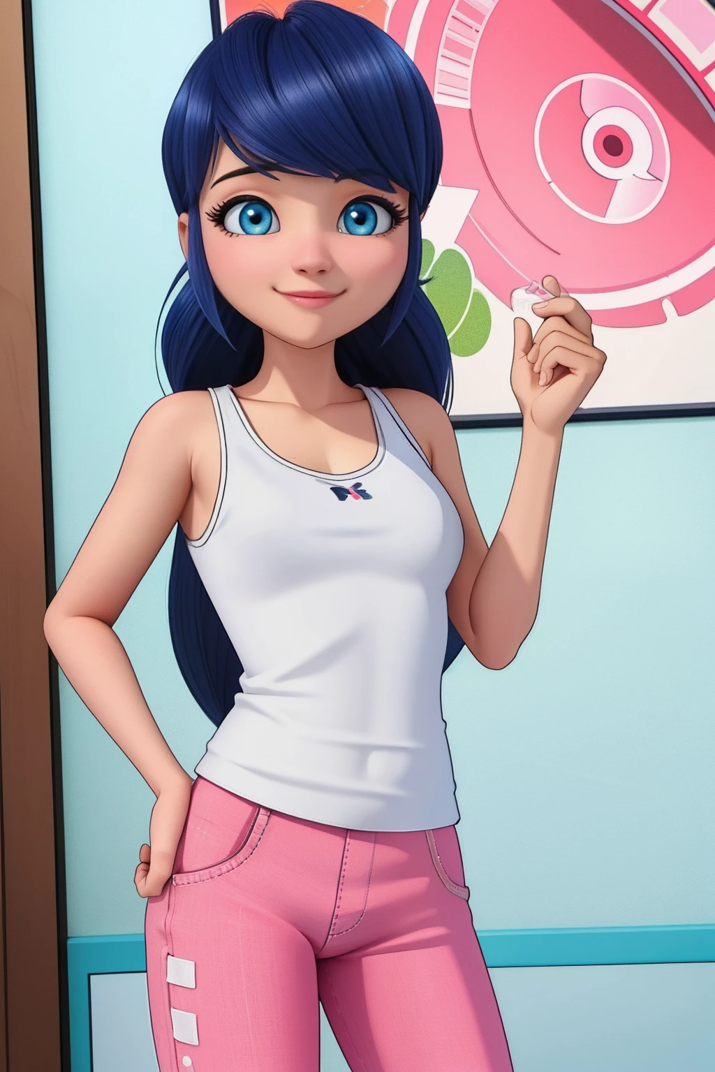 (8k, RAW photo, Best Quality, 巨作:1.2), (complex details), perfect eyes, perfect face, perfect illumination, A beautiful, (巨作:1.2), (Best Quality:1.2), 1girl, 独奏, Marinette, blue hair, ((Long flowing hair)), Adult trunk, , slight smile, medium-sized breasts, (White sleeveless shirt, Pink joggers), cowboy shot, 3dmm