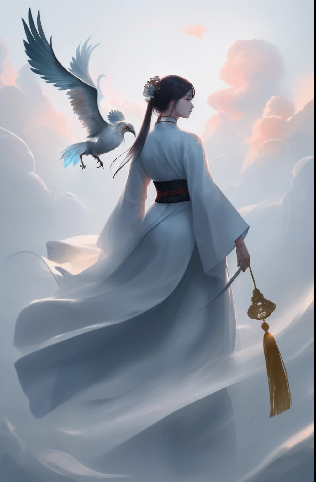 ((((1 girl)))),(white Chinese robe),
In a captivating scene, a beautiful woman adorned in a flowing white Chinese robe soars through the misty clouds on the back of a majestic Chinese phoenix. The wind gently lifts her robe, accentuating the sense of flight as they gracefully navigate the ethereal cloudscape.