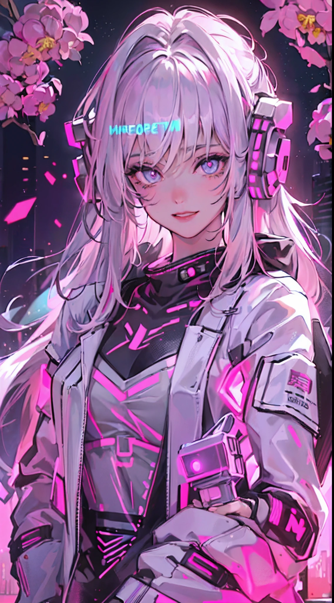 (1girl in)、(Plump beauty)、(30-years old)、(confident grin:1.2)、(White hair)、(have military weapons all over their bodies,,)、(Top image quality)、(8K picture quality)、(cyberpunked)、(masutepiece)、(Shining Chinese traditional costume with hood)、(confident grin:1.2)、(Full body photo)、(An excessive amount of glowing flowers fly:1.5)、cinematric light, Cinema Shadow, Sharp Image, Extremely detailed, Volumetric, Bright sprites, particles effect, beautiful effects, Vivid colors, neons, (Pink neon light:1.5), Highly detailed image textures, detailed hairs, Detailed face, Detailed eyes, Full body photo, city、Dark hair、Sparkling red aura、Photo from the knee up、beautiful effects, Vivid colors, Highly detailed image textures, detailed hairs, Detailed eyes,(Cyberpunk cityscape:1.5)、
