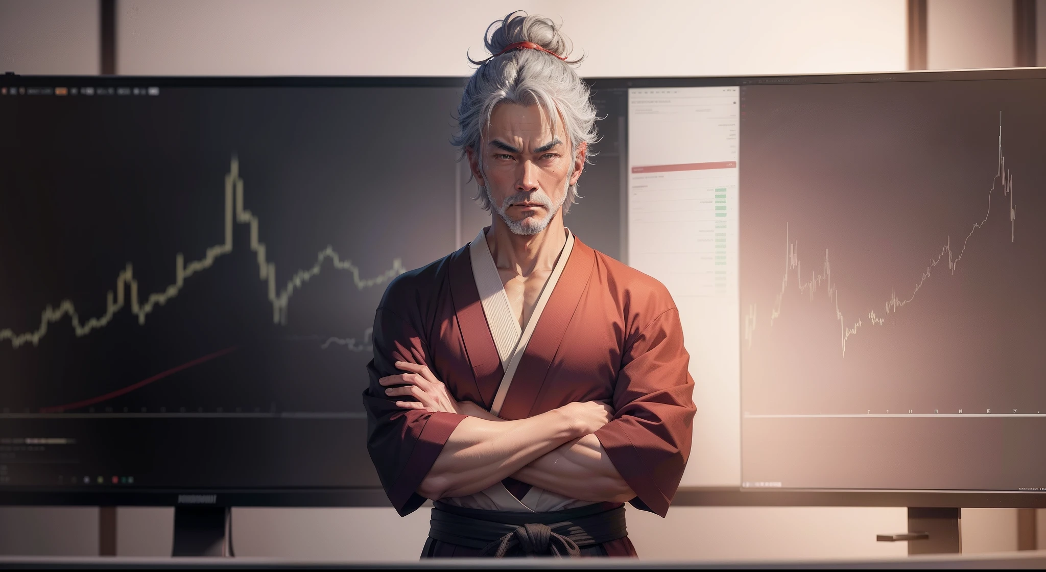 (Digital Painting)、(top-quality)、One gray-haired man、Large chart screen、Monitor Chart、Chart Forex、Huge Forex Charts and Index Charts、Graph showing price movement、championship、Currency chart monitoring、FX、exchange、Ukiyo-e Art Style、Hokusai's inspiration、Popular deviant art、8K Ultra Real、Pastel Color Schemes、Painting of a man in a robe with lively arms crossed, inspired by Itō Jakuchū, inspired by Kaigetsudō Anchi, ancient japanese monk, inspired by Kanō Tanshin, inspired by Itō Ogura Yonesuke, Inspired by Koshiro Onchi, Inspired by Hayami Xingzhou
