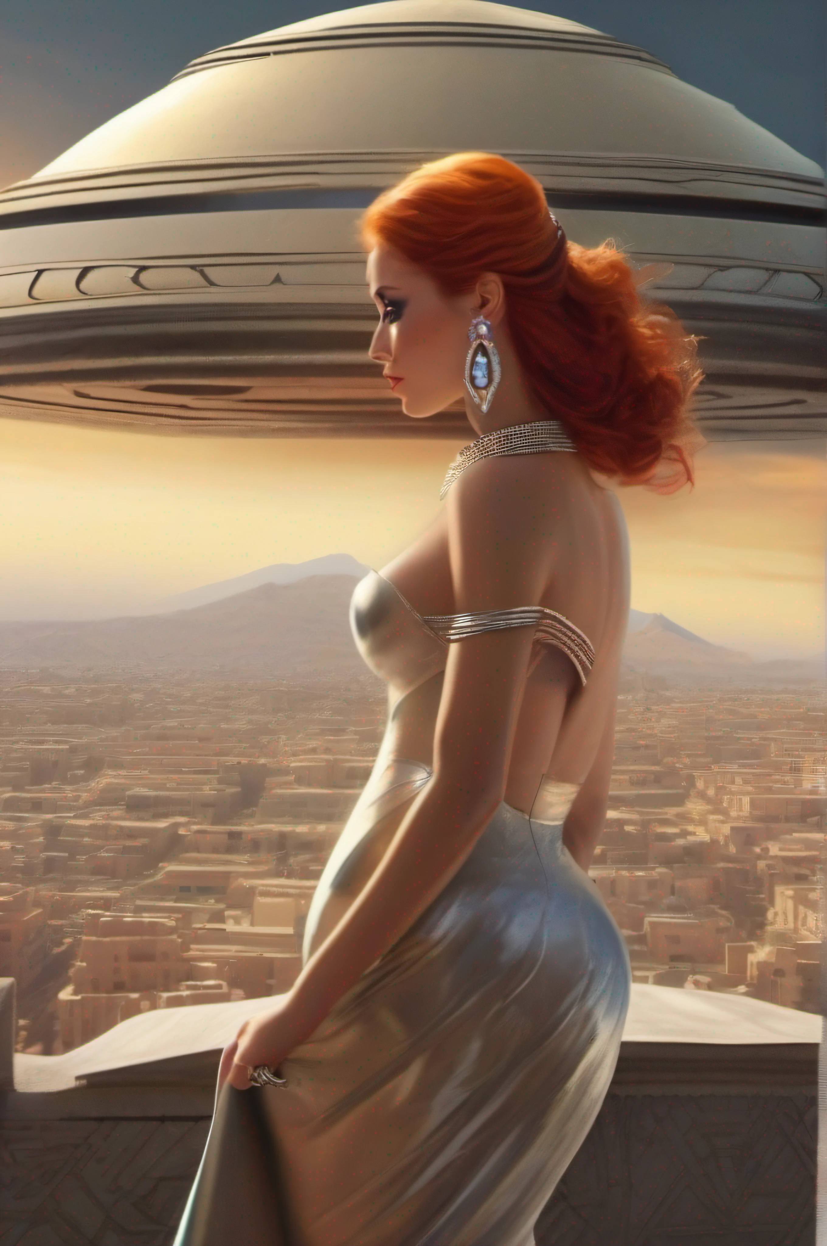 A beautiful red-haired woman with gigantic breasts wearing only a short wide-open over coat and some jewels, on top of the Piramide from Cheops, looks down over the futuristic Egyptian City.