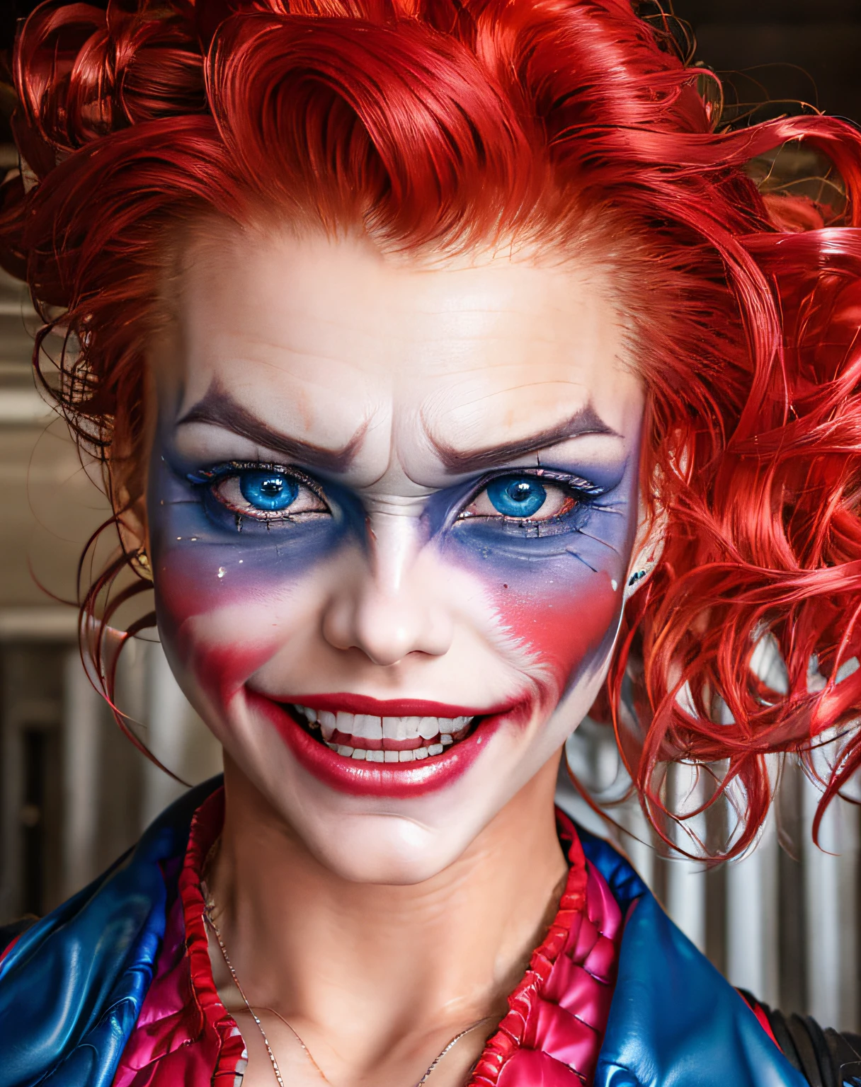 Joker (female version), smiling, sharp white teeth, extreme closeup, smiling at viewer, red hair, blue eyes, (8k, RAW photo, best quality, masterpiece:1.2),ultra-detailed, (high detailed skin:1.2), 8k uhd, dslr, soft lighting, high quality,