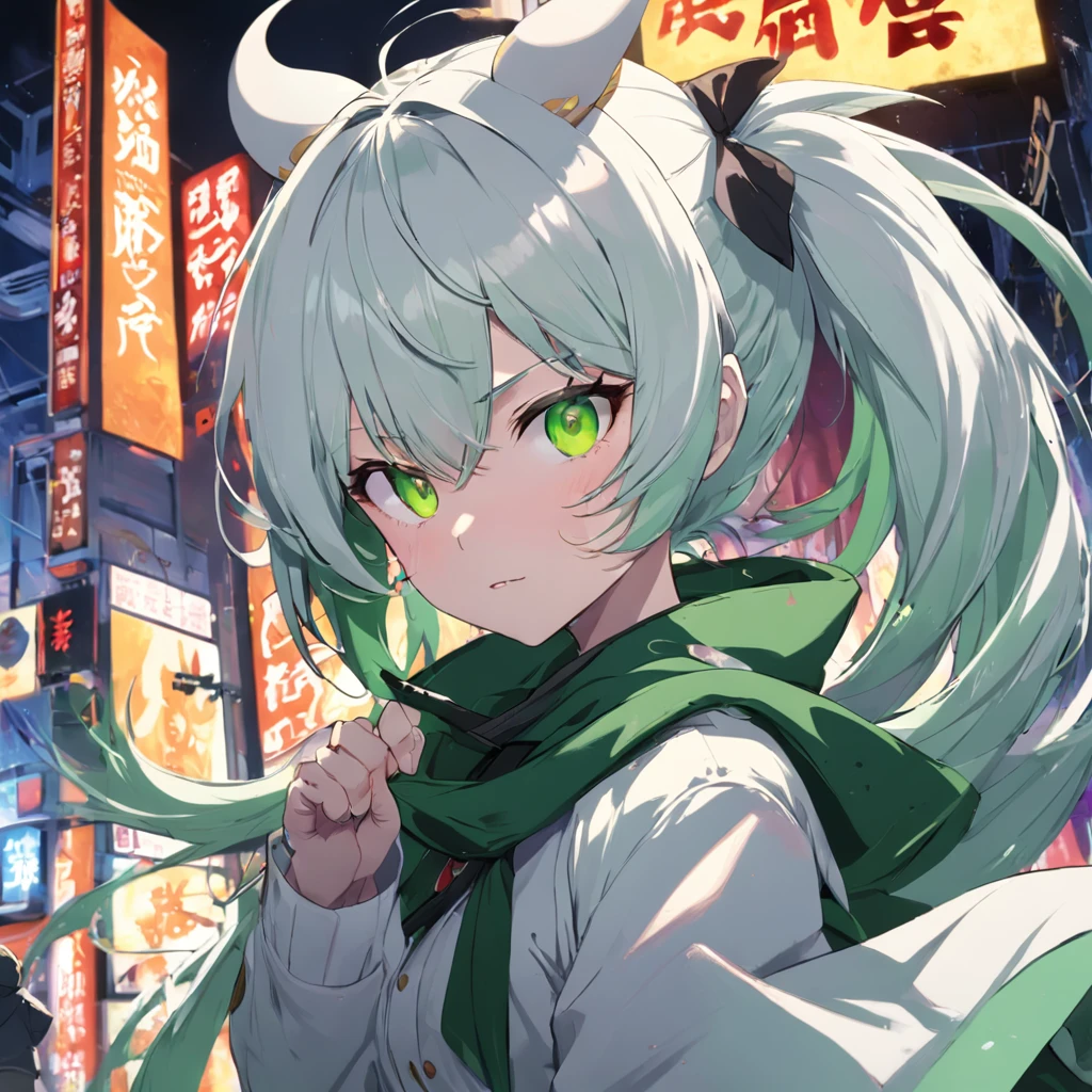 Assassination missions，Generate anime posters of killers performing tasks，A girl with a green scarf with horns on her head，with short white hair，Yellow eyes，Aim for，Imposing background，cropped shoulders，Open white jacket