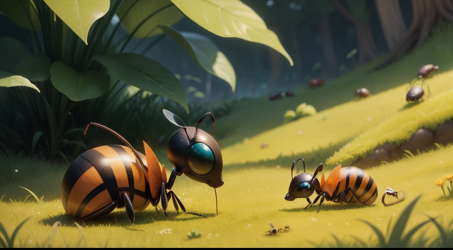 In a lush meadow, an industrious ant named Andy lived with his fellow ants, cartoon style,